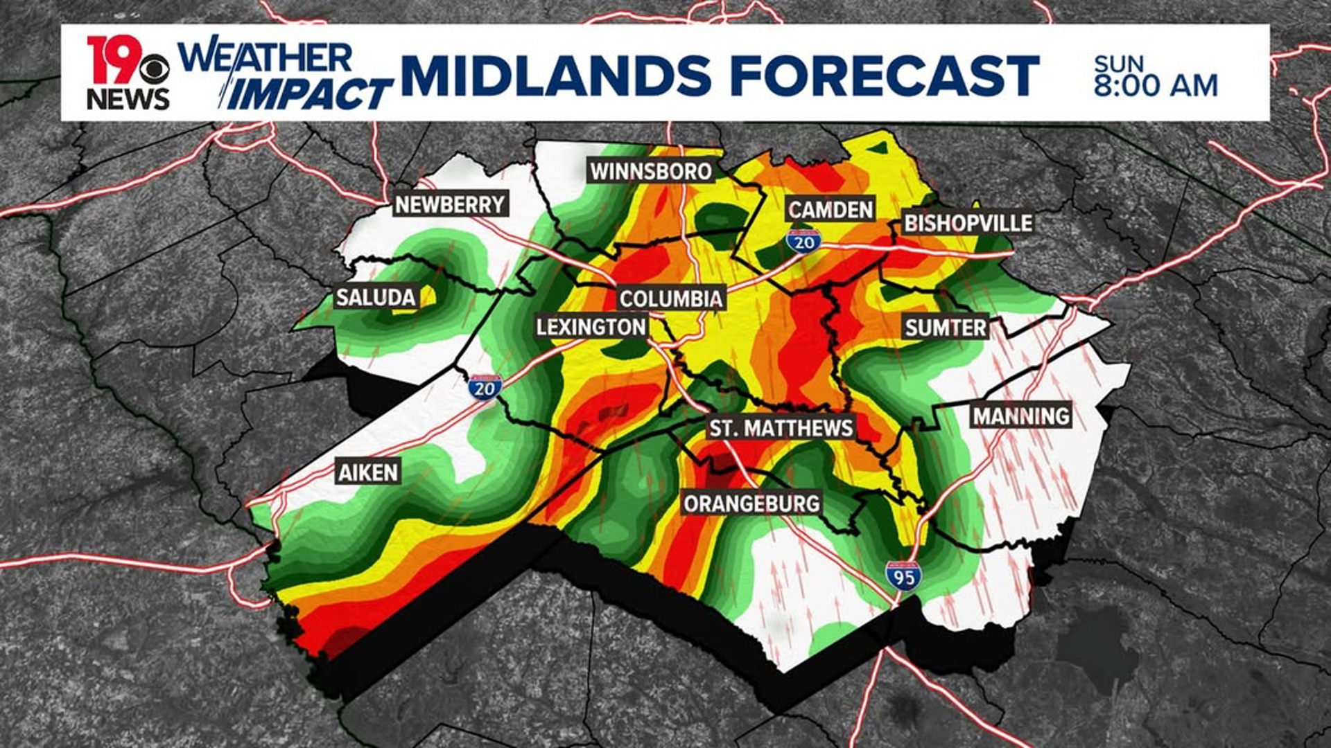 Gusty winds and rainfall moves into forecast early early morning Sunday ...