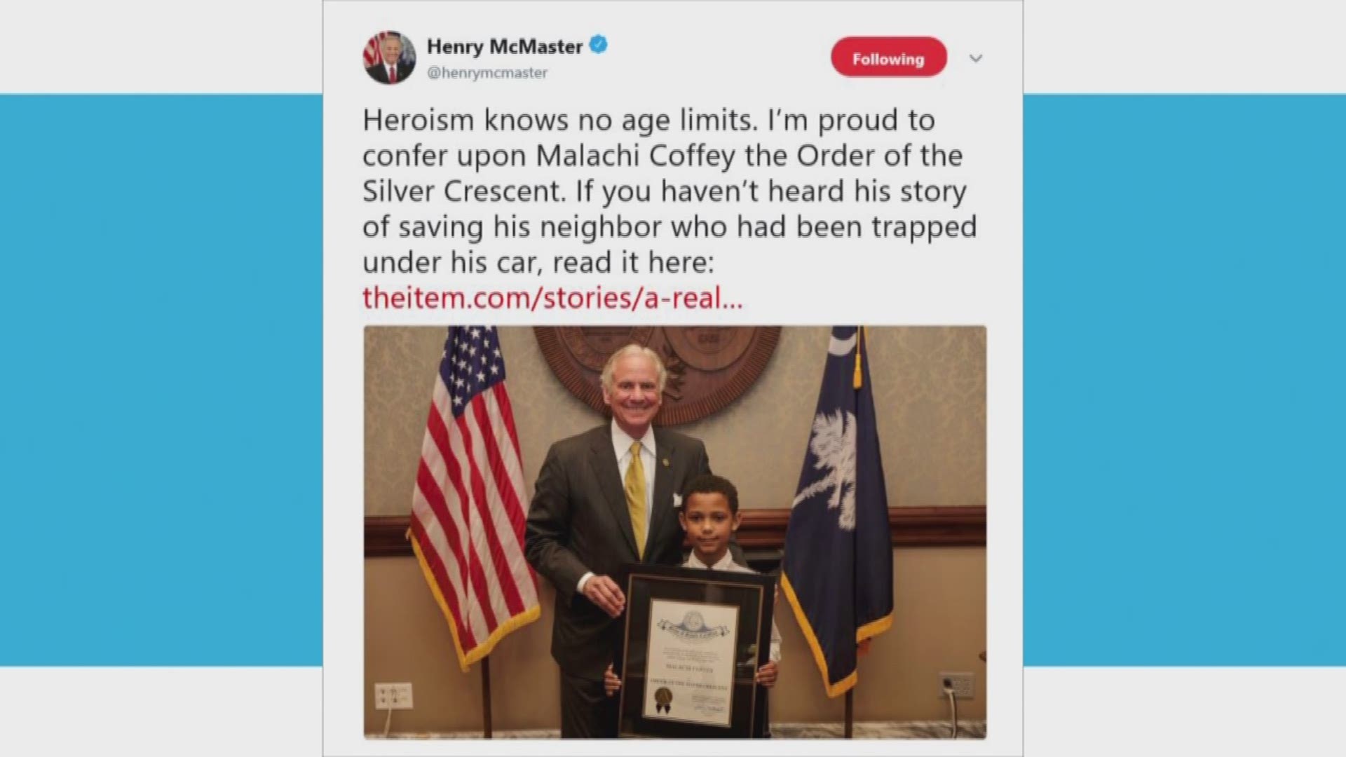 Malachi Coffey, 9, was presented the Order of the Silver Crescent by the Gov. for saving a man's life 