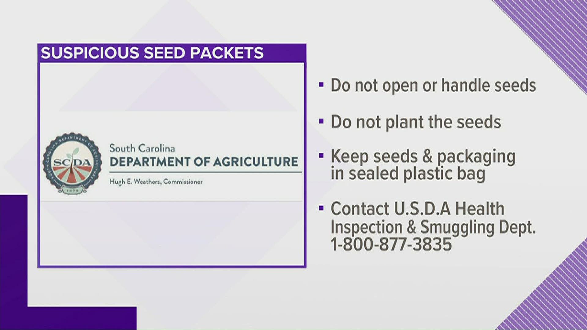 The SC Department of Argiculture asks people to not plant seeds that are mailed to them from China.