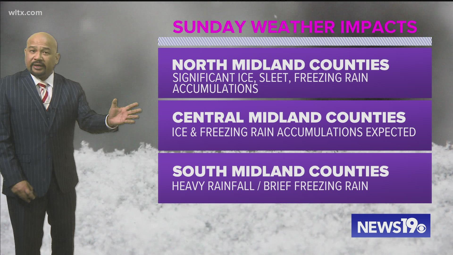 Rain is expected throughout the day on Sunday, but a period of icy conditions or sleet is possible and could produce power outages and dangerous travel.