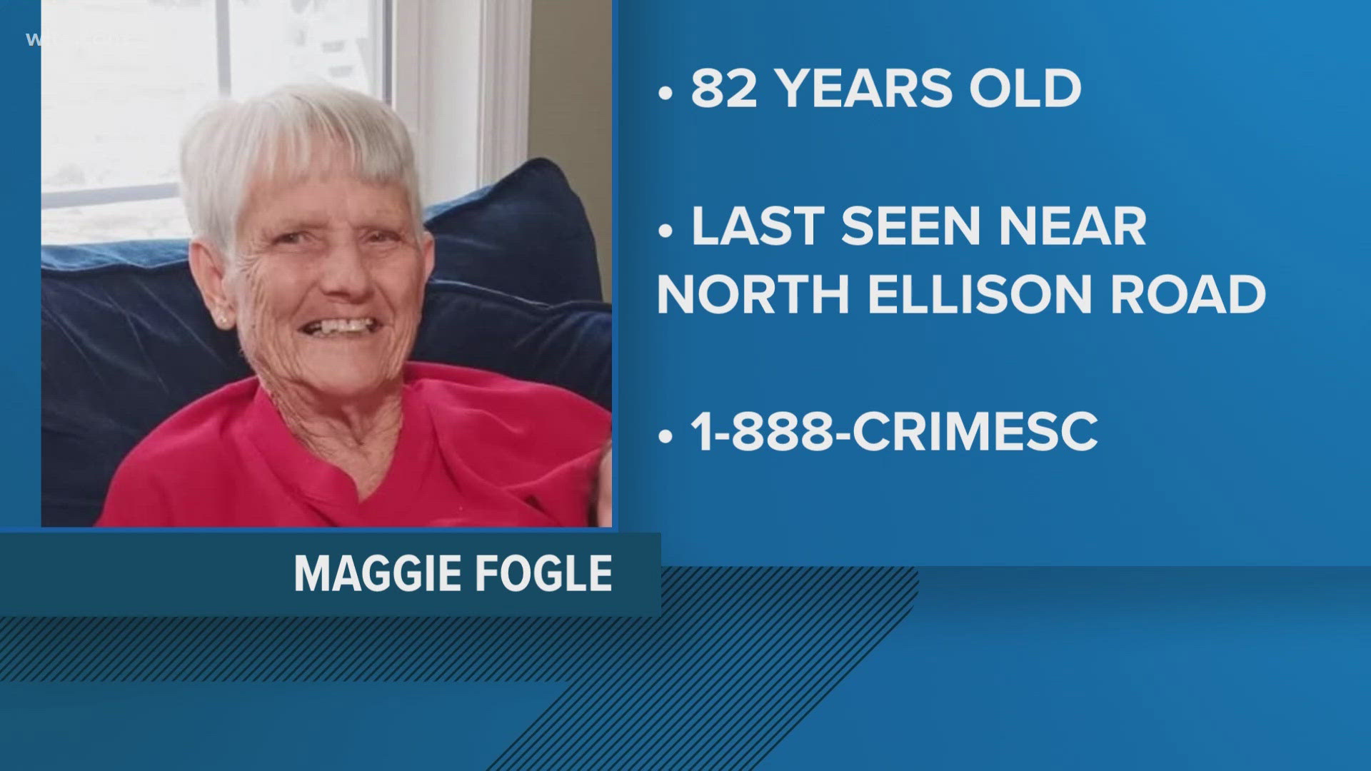 Maggie Fogle, 82, went missing off N. Ellison Road, she is wearing a red shirt and blue jeans. If you see her call CrimeStoppers at 1-888-CrimeSC. 