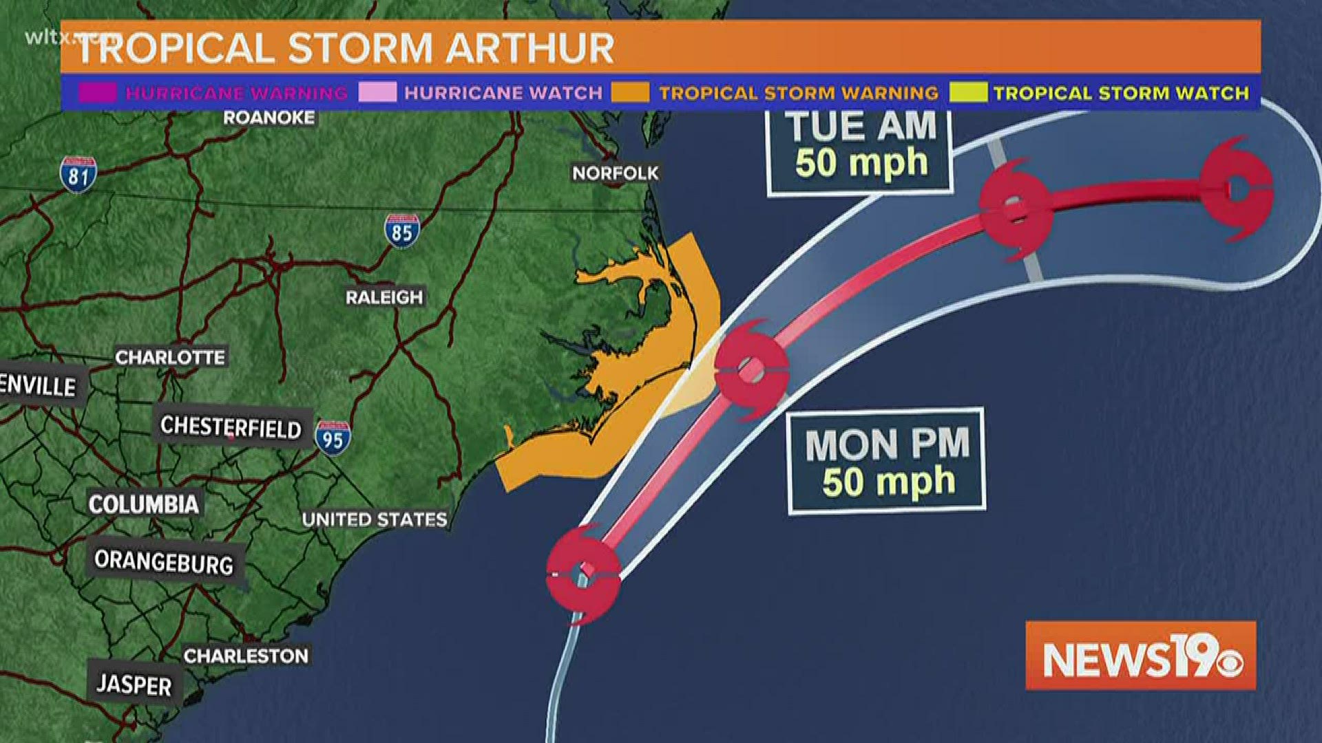 Tropical Storm Arthur brings rain and wind to Eastern North Carolina on Monday morning.