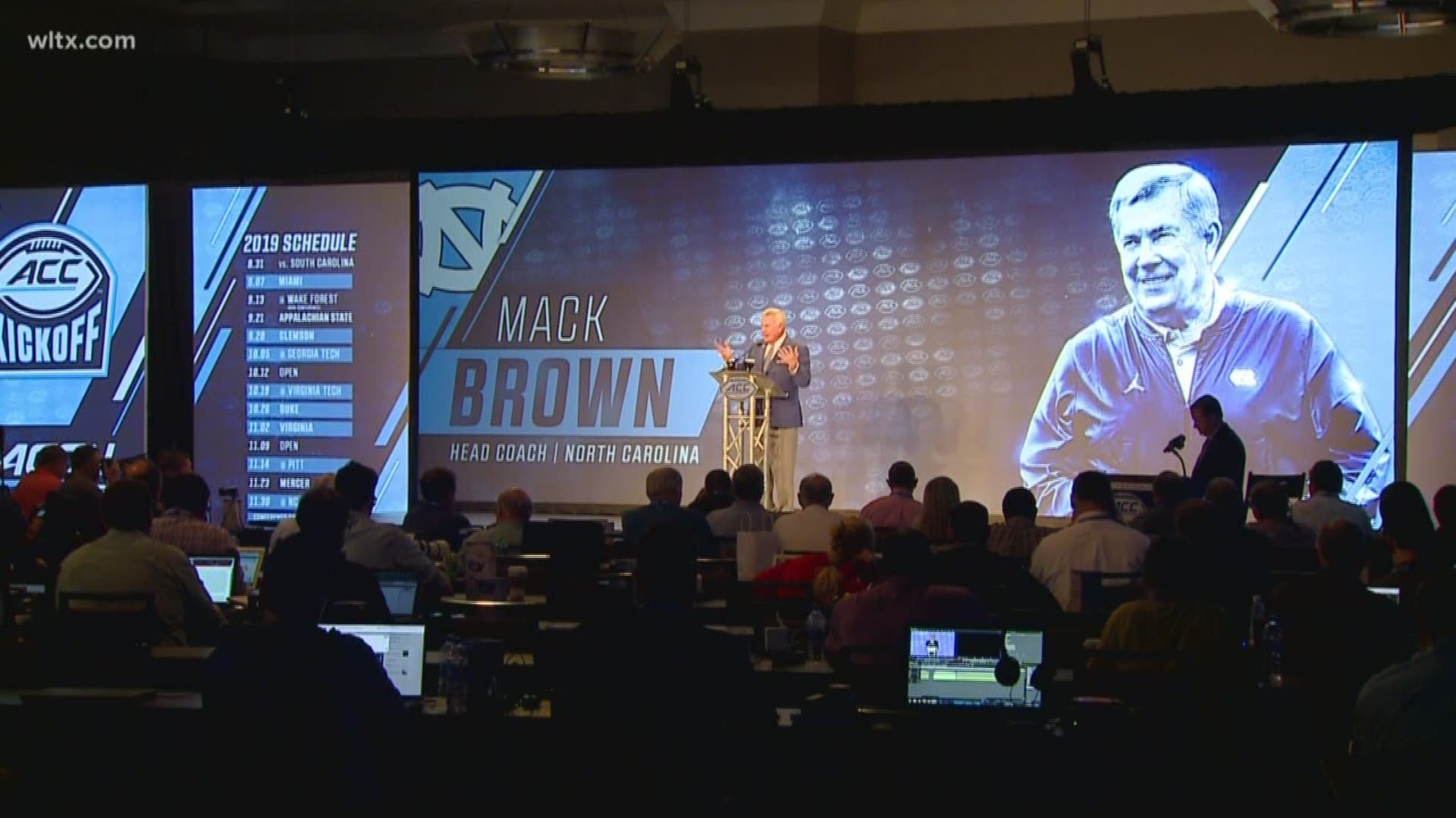 North Carolina head football coach Mack Brown was the ACC Kickoff on Thursday which is in Charlotte, the site of the Tar Heels' season opener with the Gamecocks.