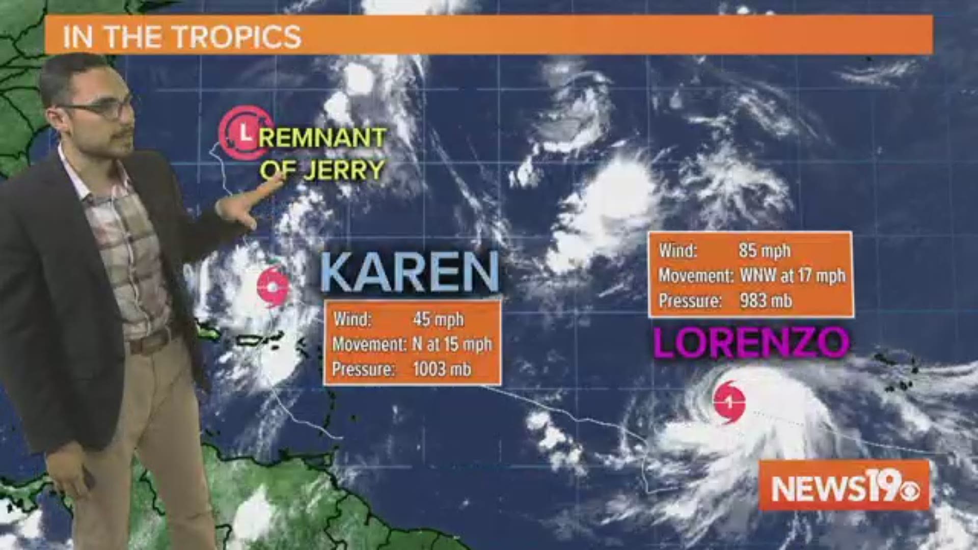 Lorenzo became the 5th hurricane of the season earlier this morning in the Atlantic while Karen remains a low end tropical storm.