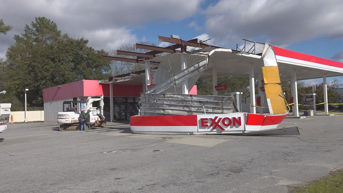 Gas station torn apart by storms