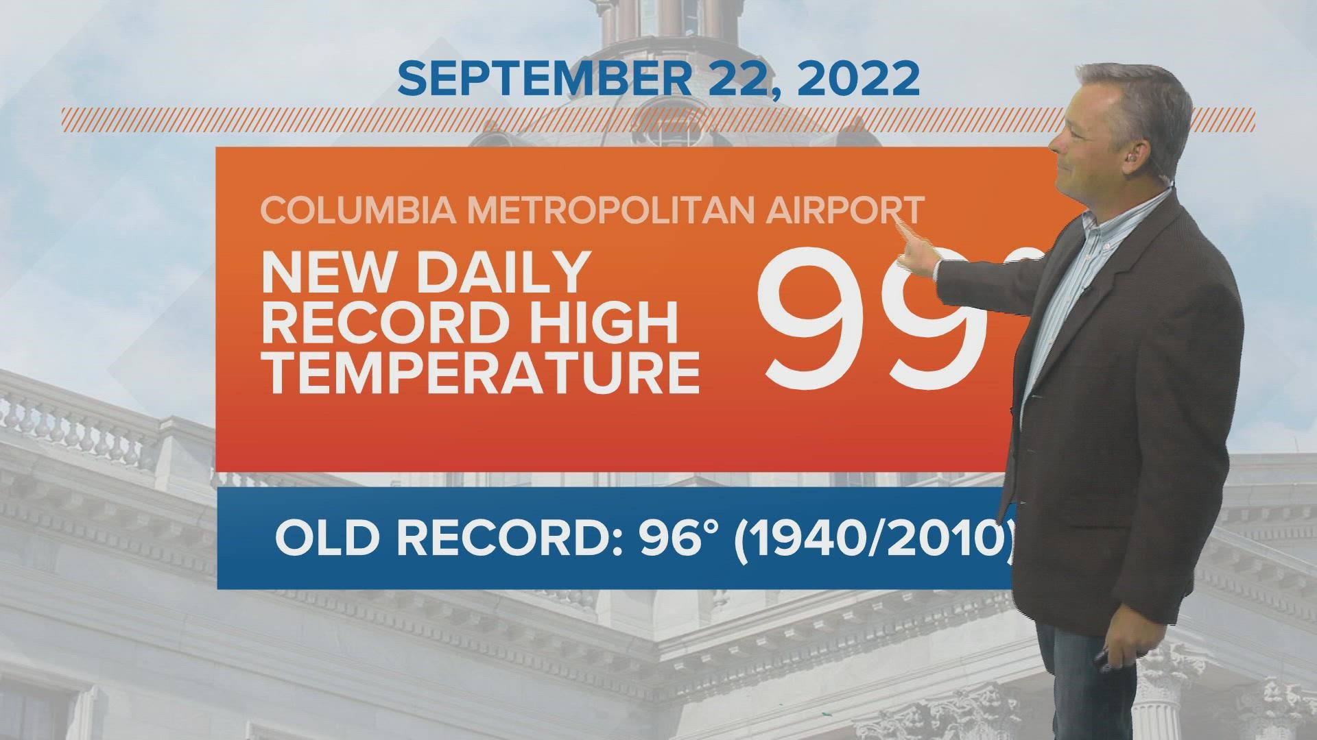 Thursday was very hot with high temperatures in the upper 90s. Columbia hit a record high of 99 degrees.