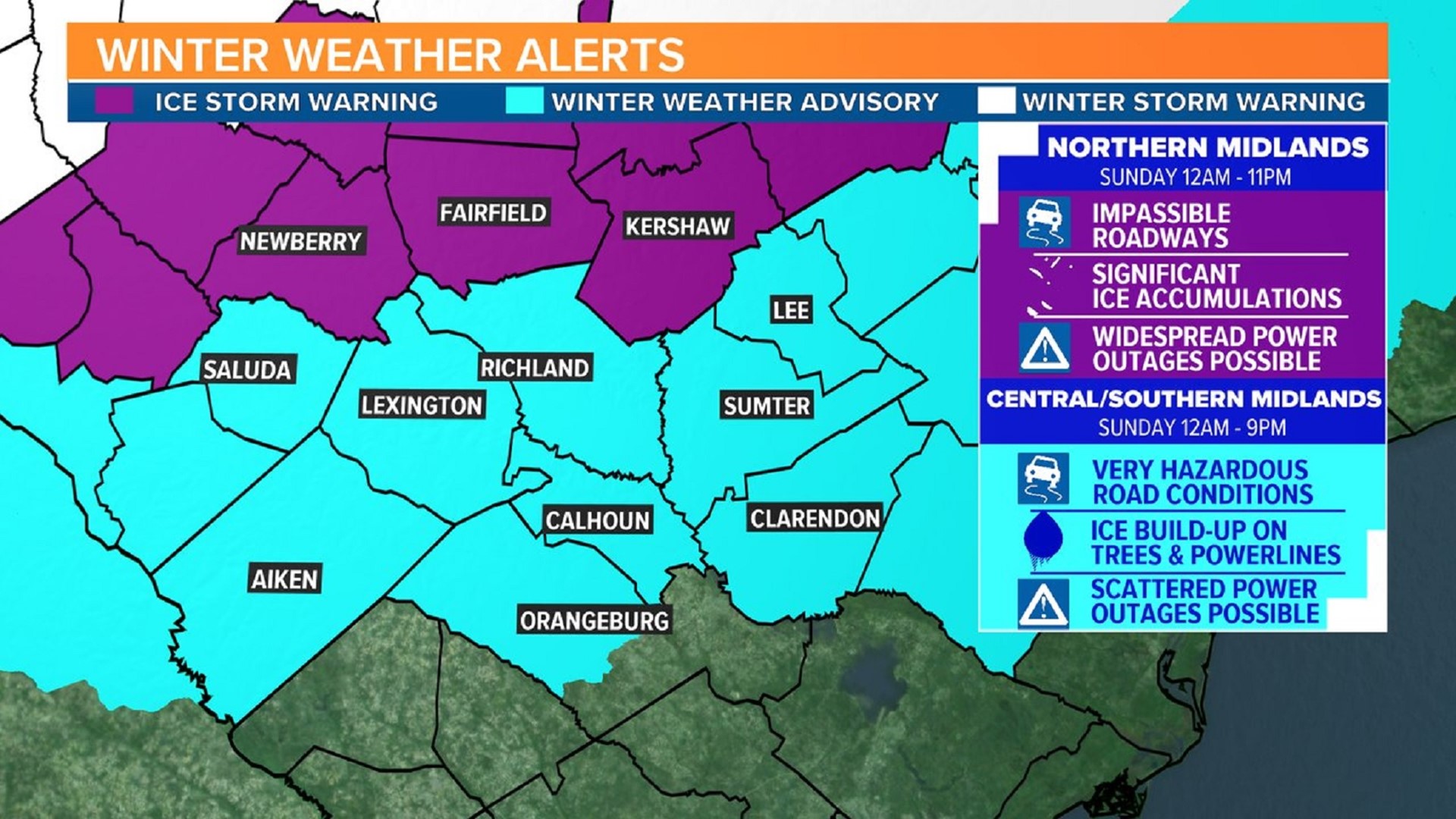 Will we get snow or ice in South Carolina Sunday?