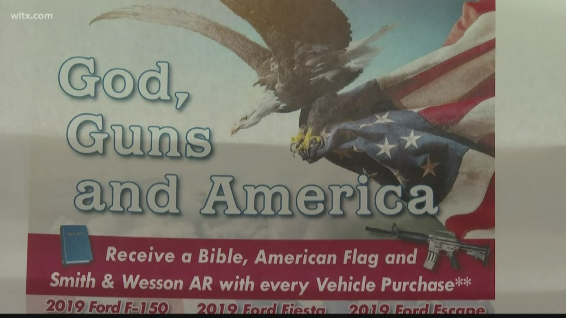 A car dealership in a small South Carolina town will give you a flag, a Bible and a gun if you purchase a vehicle.