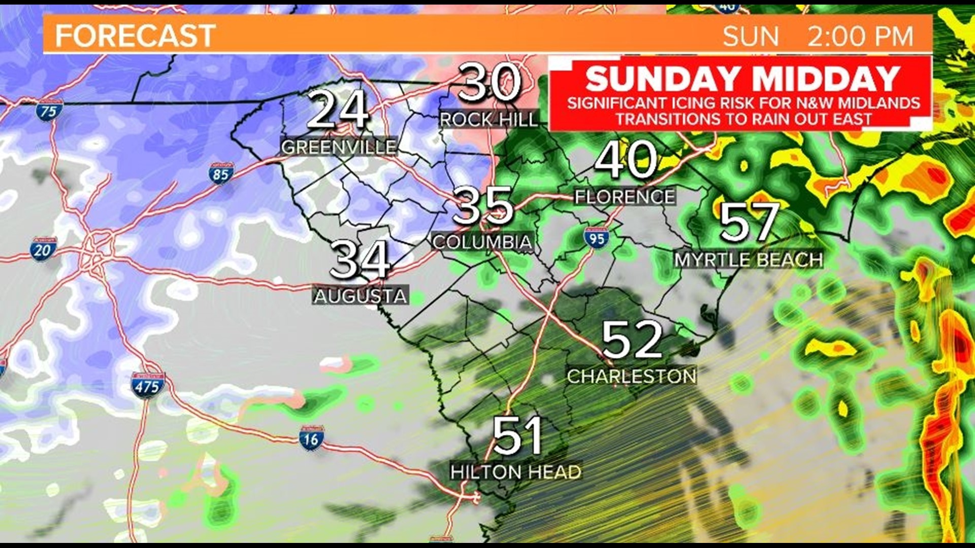 Will we get snow or ice in South Carolina Sunday?