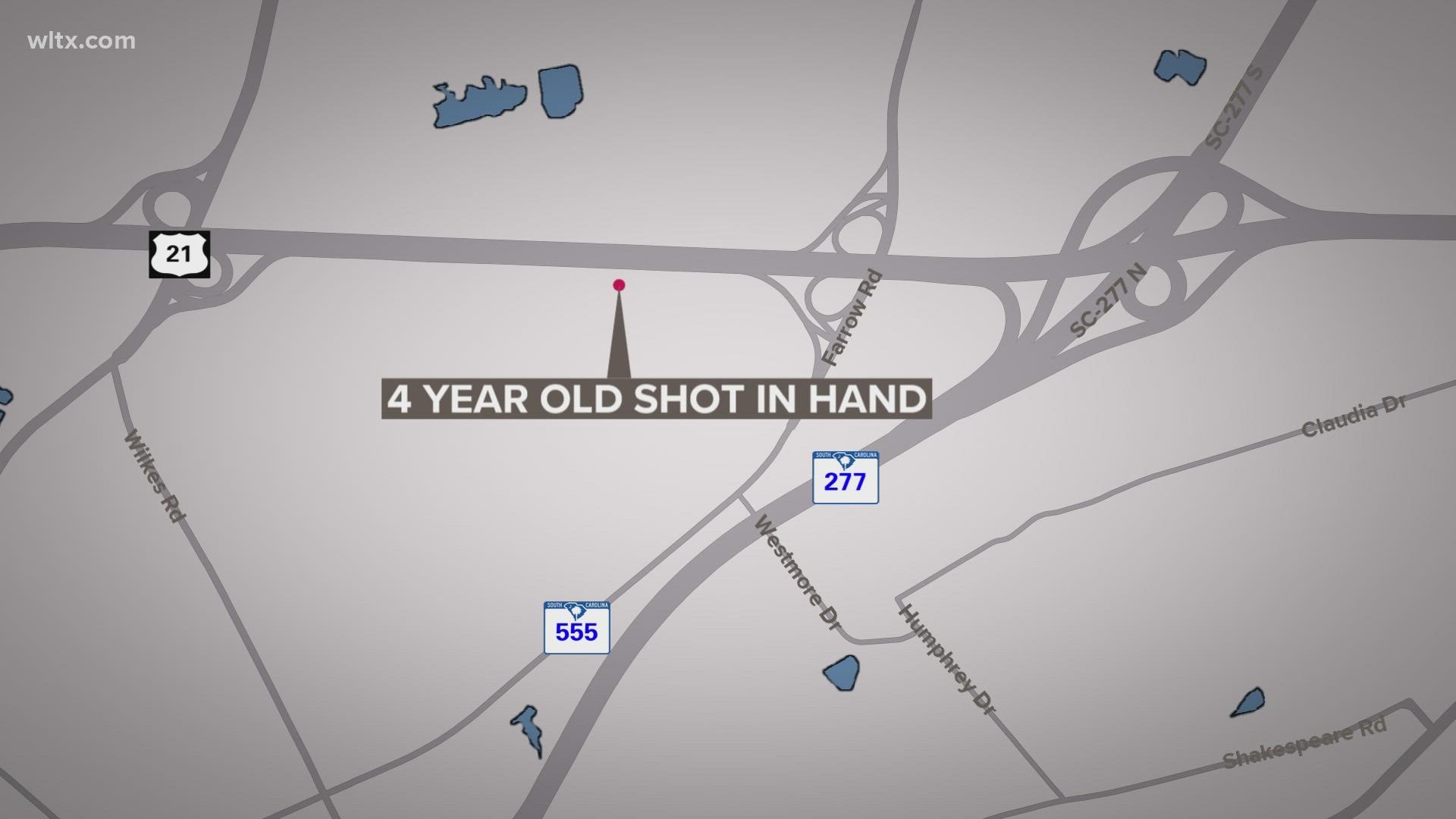 The child, 4, was shot in the hand this morning on Cindy Drive in Columbia.