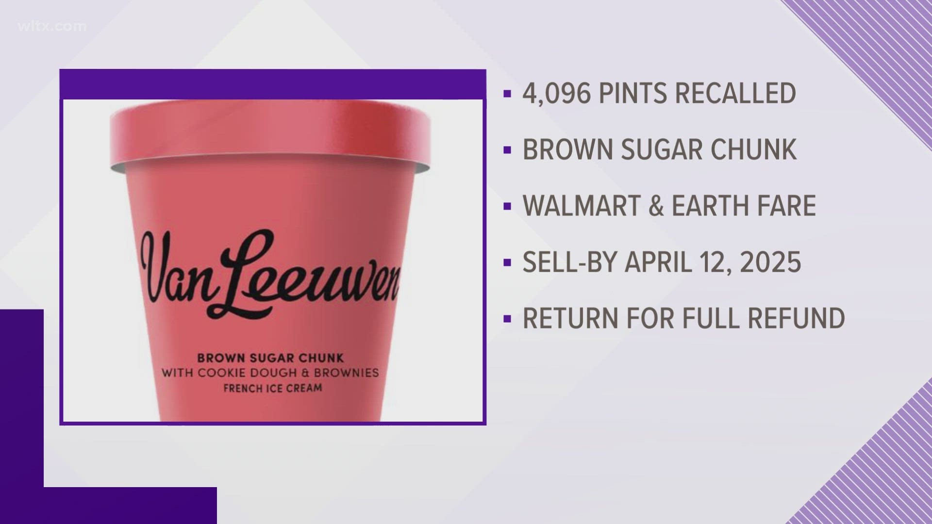 Van Leeuwen is recalling more than 4000 pints of its Brown Sugar Chunk and was sold nationwide at Walmart and Earthfare.