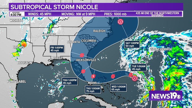 Tropical Storm Warnings issued along the South Carolina coast ahead of Nicole