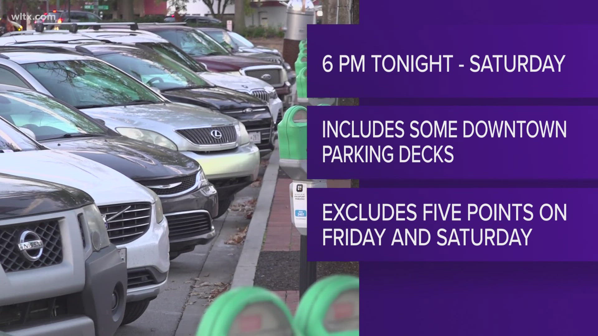 Through Saturday there will be free street meter parking city wide, includine the parking deck on Lincoln.  In Five Points you'll still need to pay the meters Fri/Sa