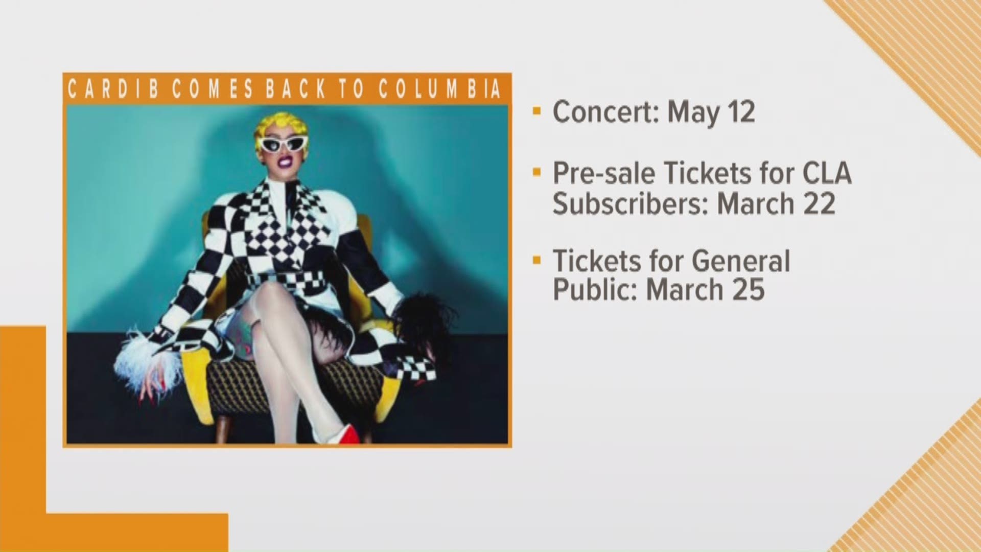 Grammy-winner Cardi B is returning to Columbia for a concert in May.