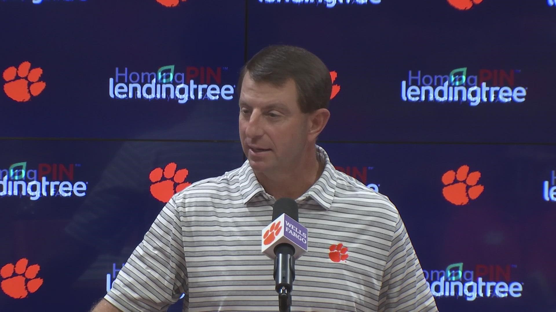 Clemson head football coach Dabo Swinney previews his team's matchup at Notre Dame.