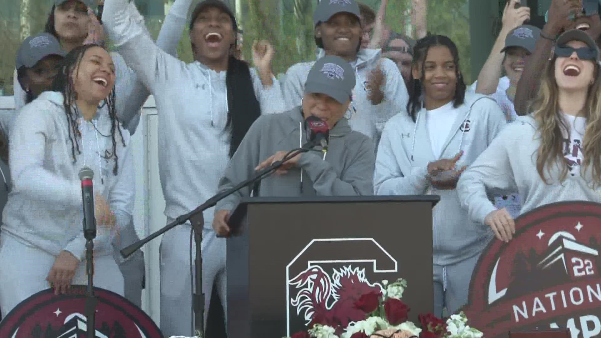 Watch the South Carolina Gamecocks women's basketball team's victory celebration at the Colonial Life Arena.