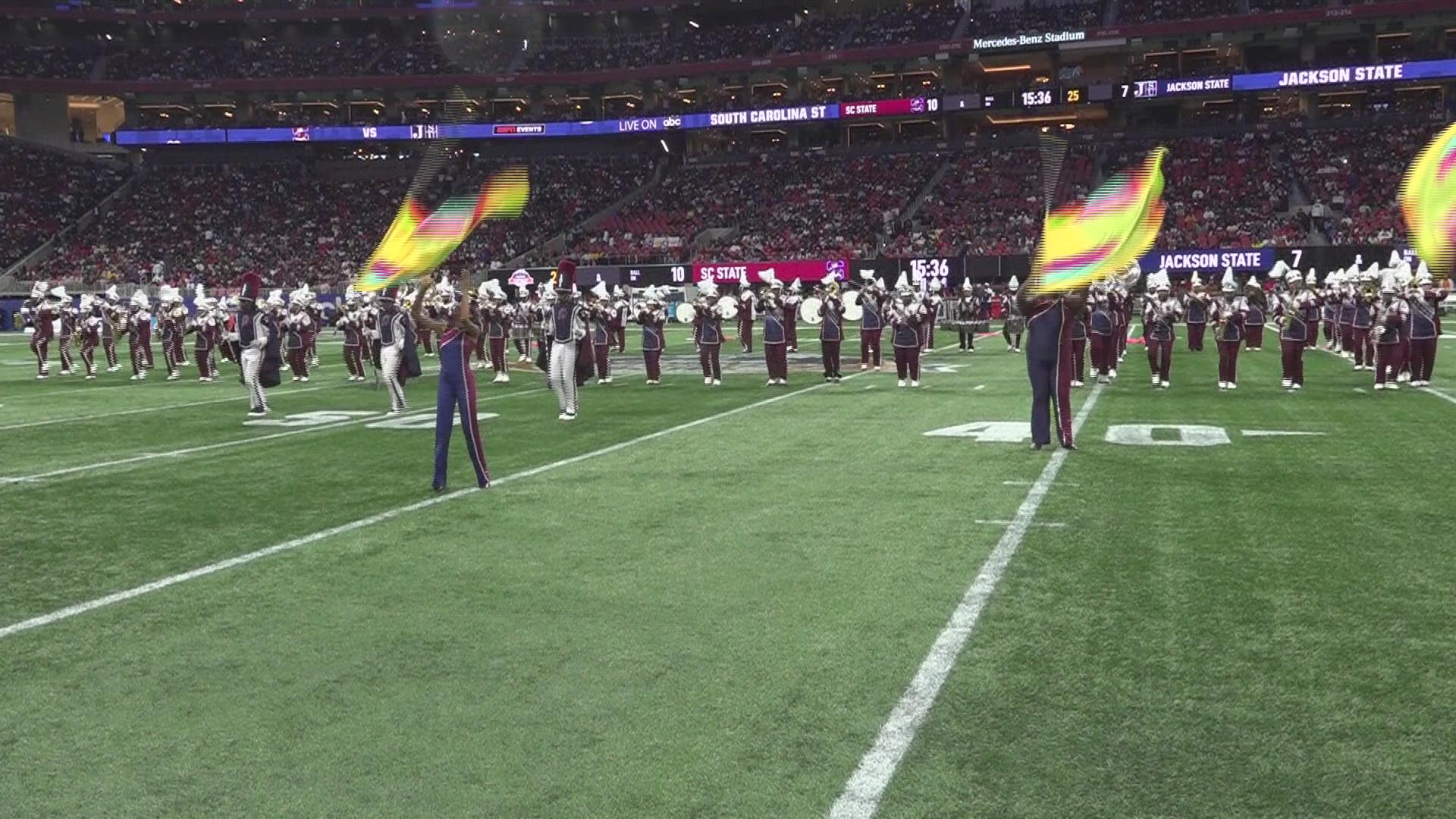 At halftime of the Celebration Bowl in Atlanta, the marching bands for South Carolina State and Jackson State performed for the fans.
