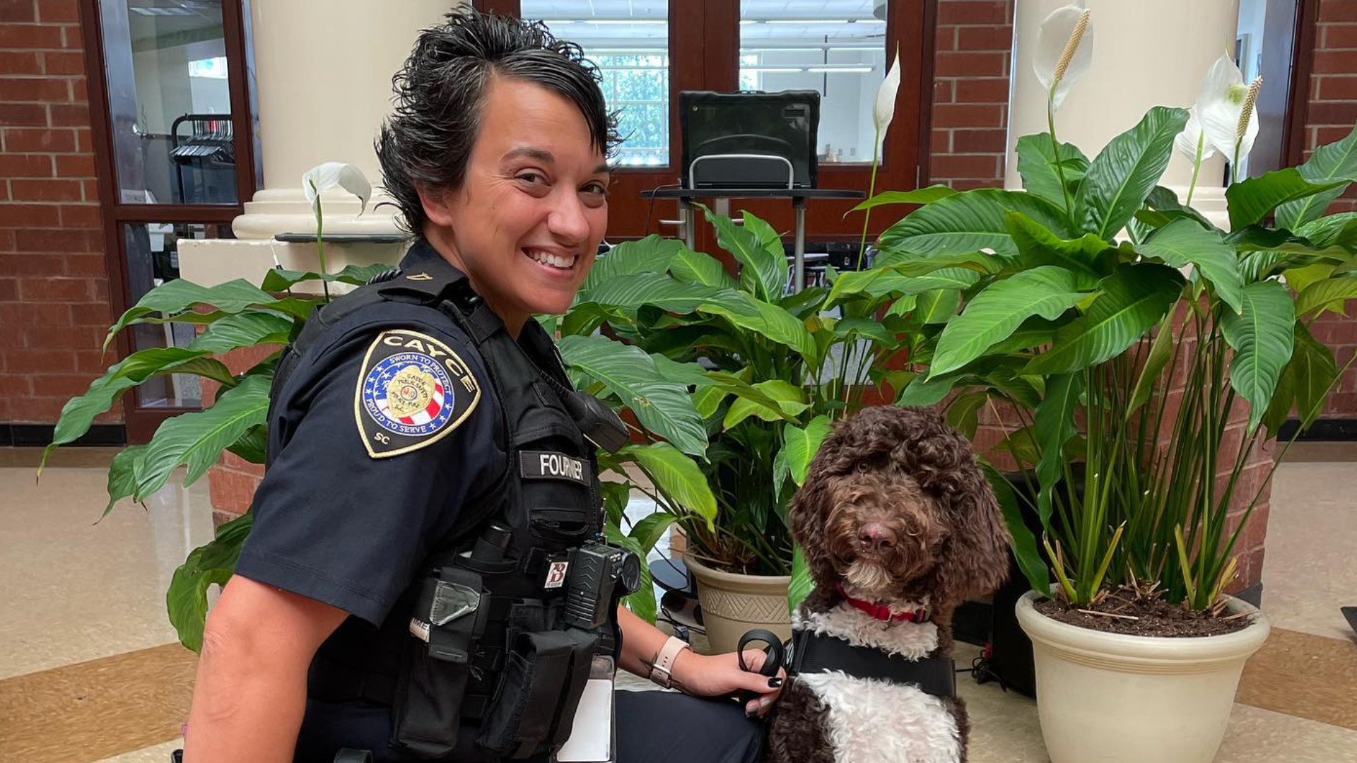 Meet Hudson! He's a fluffy, friendly golden-doodle who helps the community of Cayce in a big way.