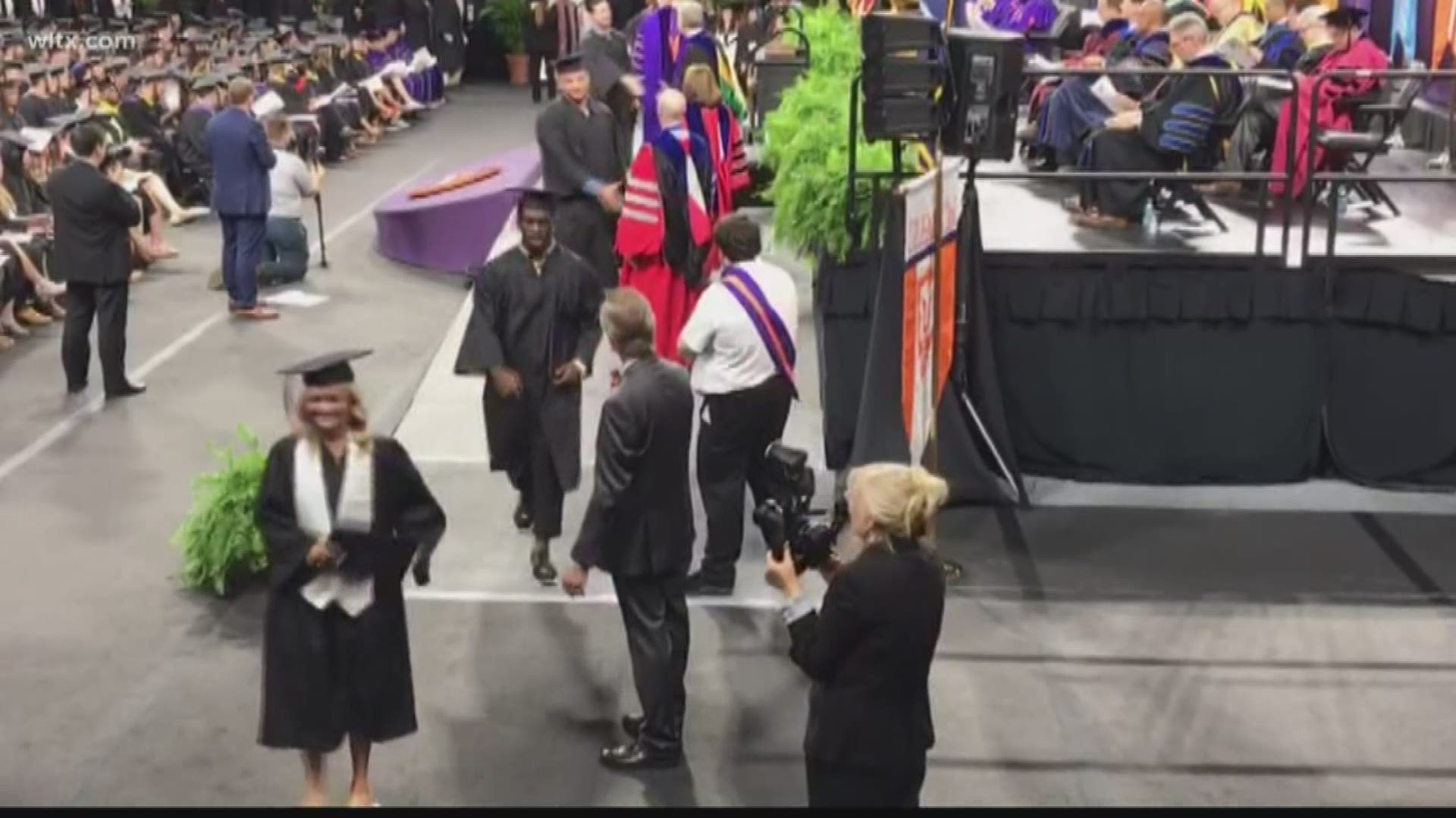 Former Clemson running back Tavien Feaster was on campus Friday morning to pick up his diploma. On Saturday, he will be back with his current team in Columbia.