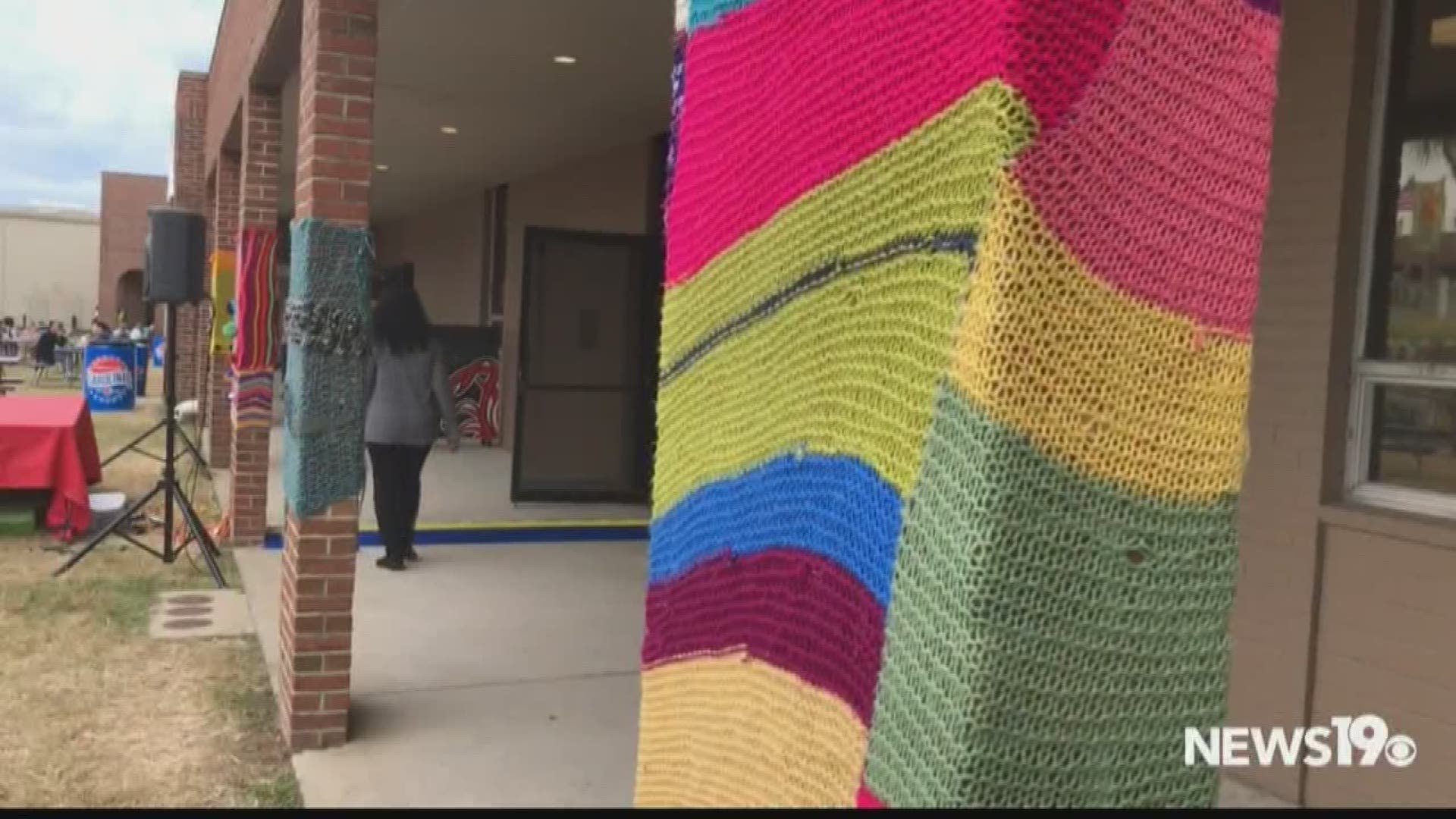 The yarn bombers were out at the South Carolina State Fair decorating the buildings.