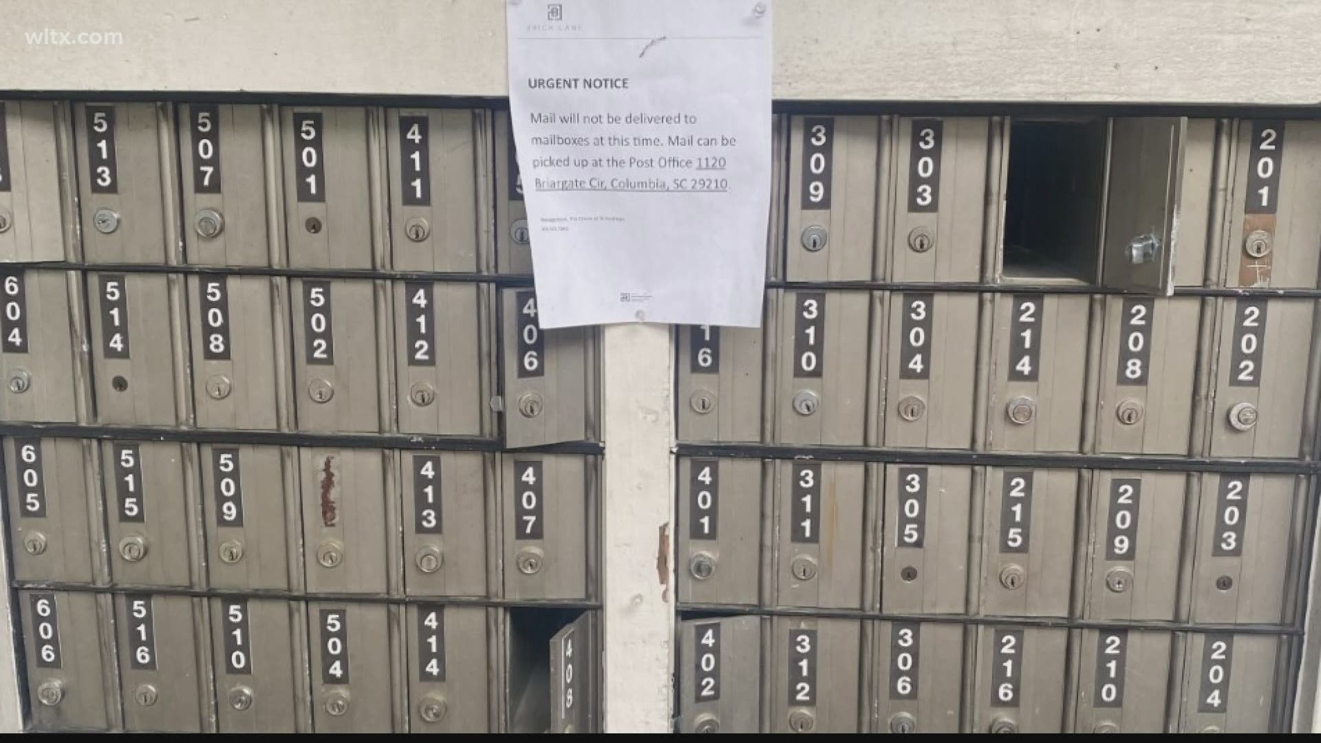 A cluster of mailboxes at The Grove at St. Andrews apartments has been out of service for a month, forcing residents to travel to a nearby Post Office to get mail.