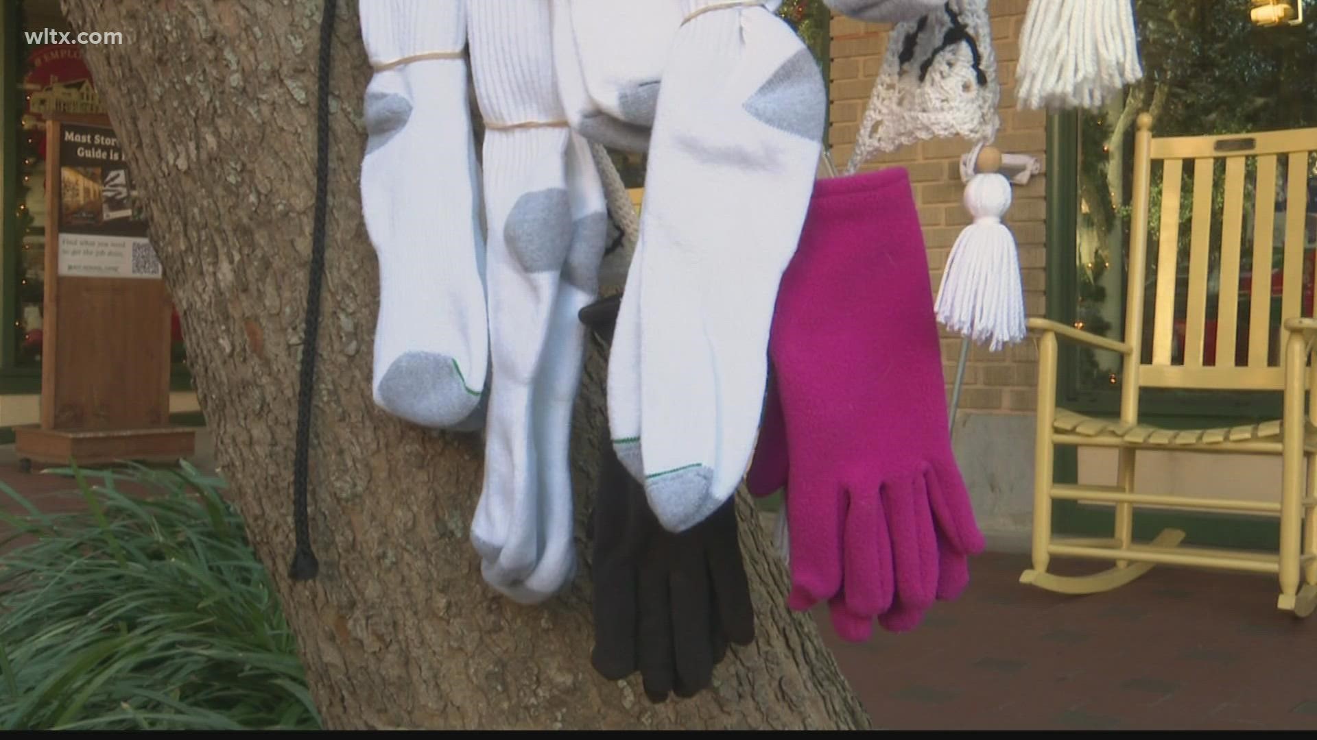 'Yarn Bombers' of Columbia created the "giving tree" that they hang various knitted items for those who might be cold.