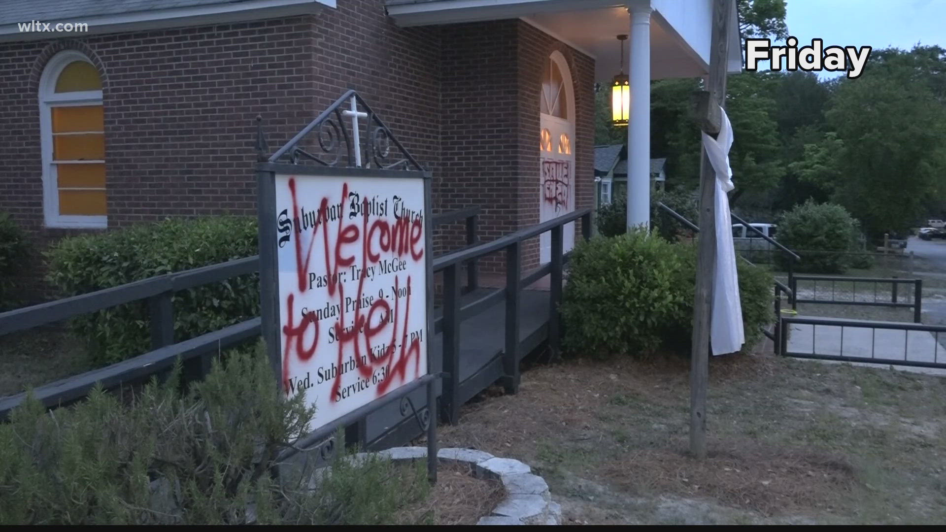 The Suburban Baptist church on Holland drive in West Columbia was spray painted Friday, just one of a string of vandalism around town.