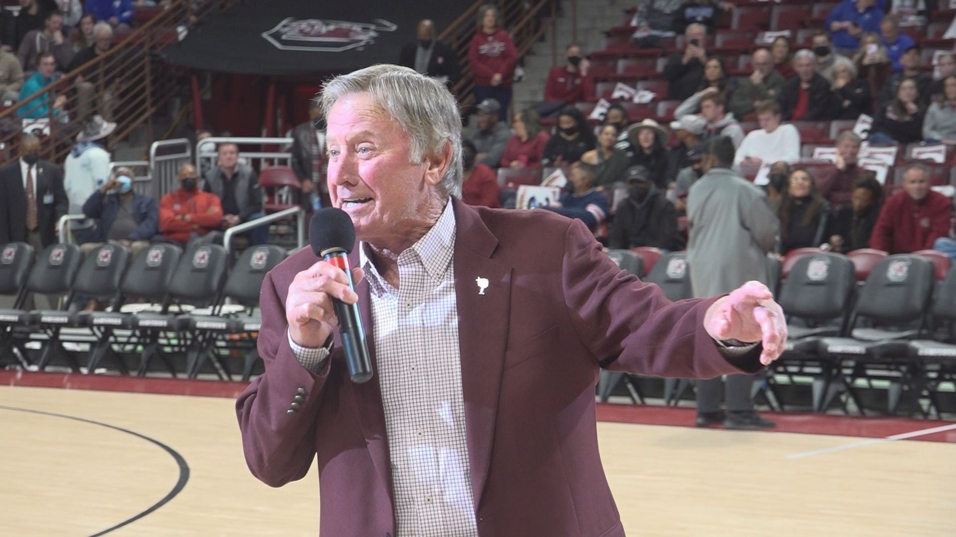 Steve Spurrier was in town to formally present  Shane Beamer with a commemorative football for winning the Steve Spurrier First Year Coach of the Year award.