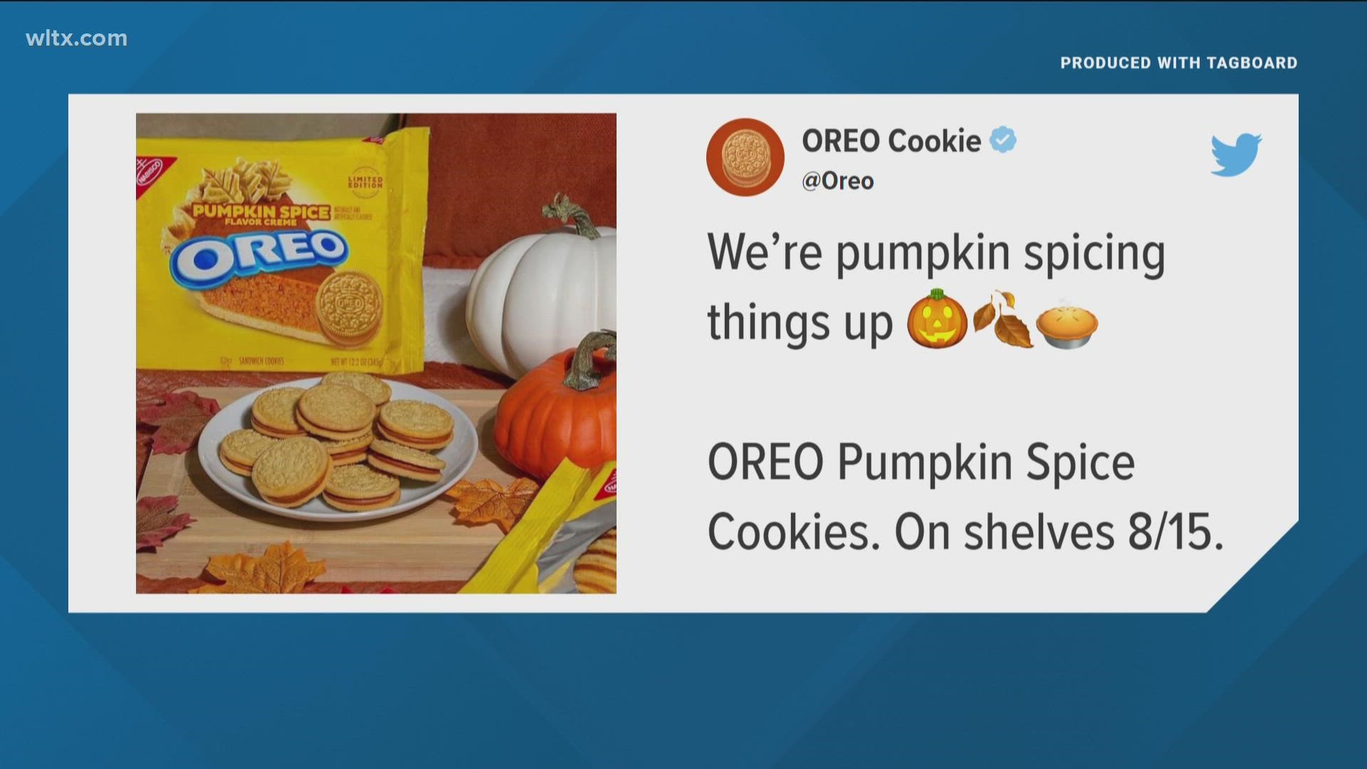 The cookie, which has pumpkin spice cream sandwiched between two golden Oreos, will hit shelves on Aug. 15, the brand announced on social media on Wednesday.