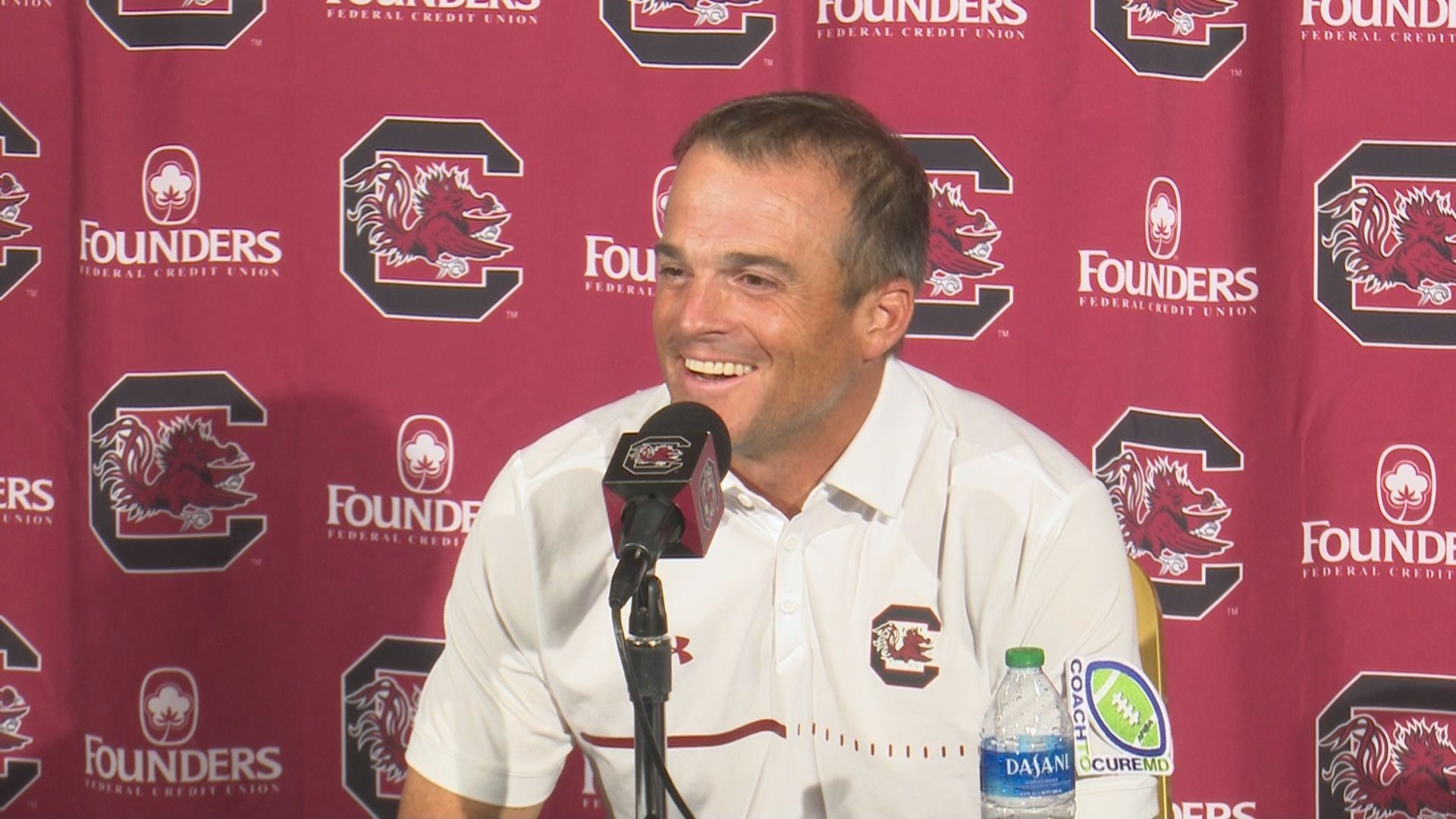 Gamecock Head Coach Shane Beamer reacts to his team's 56-20 win against UNC Charlotte.