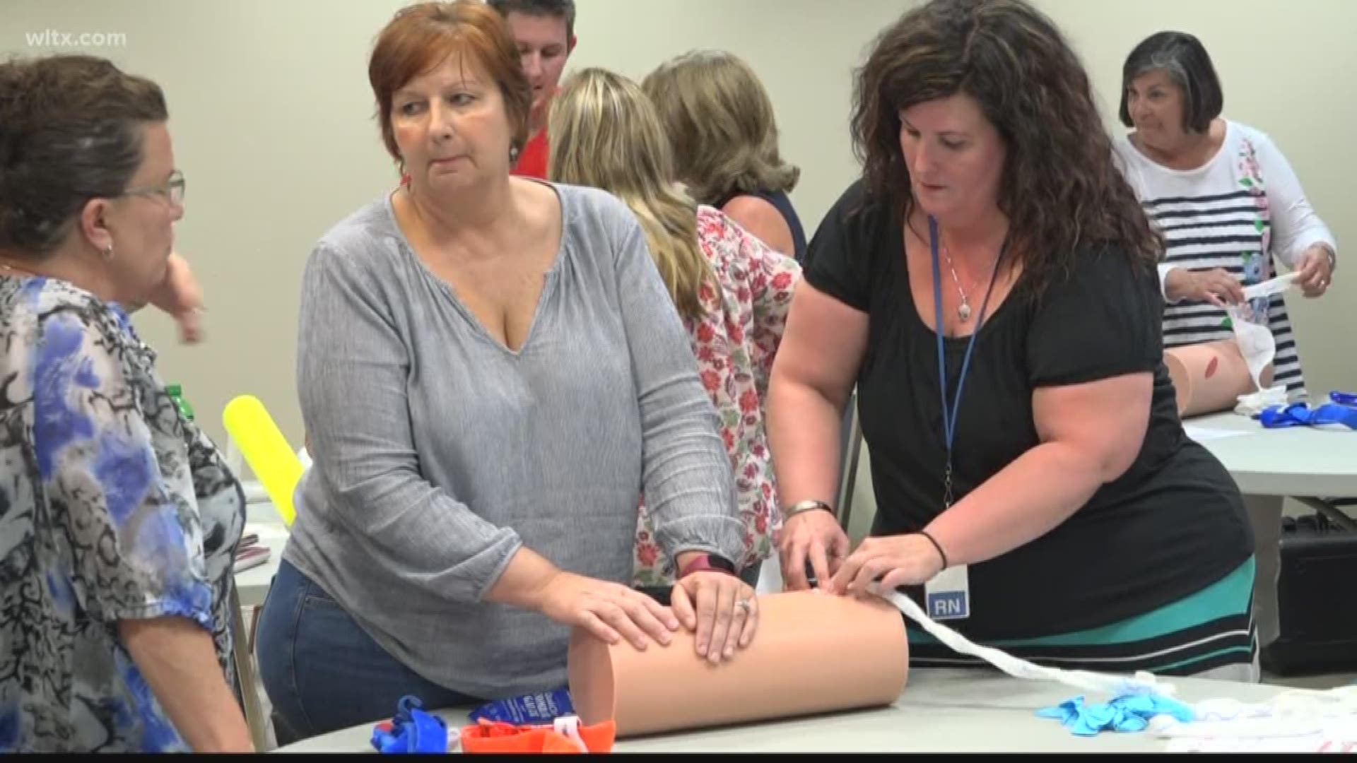 In this two-hour class called "Stop-the-Bleed," school nurses are learning how to train others in emergency procedures.