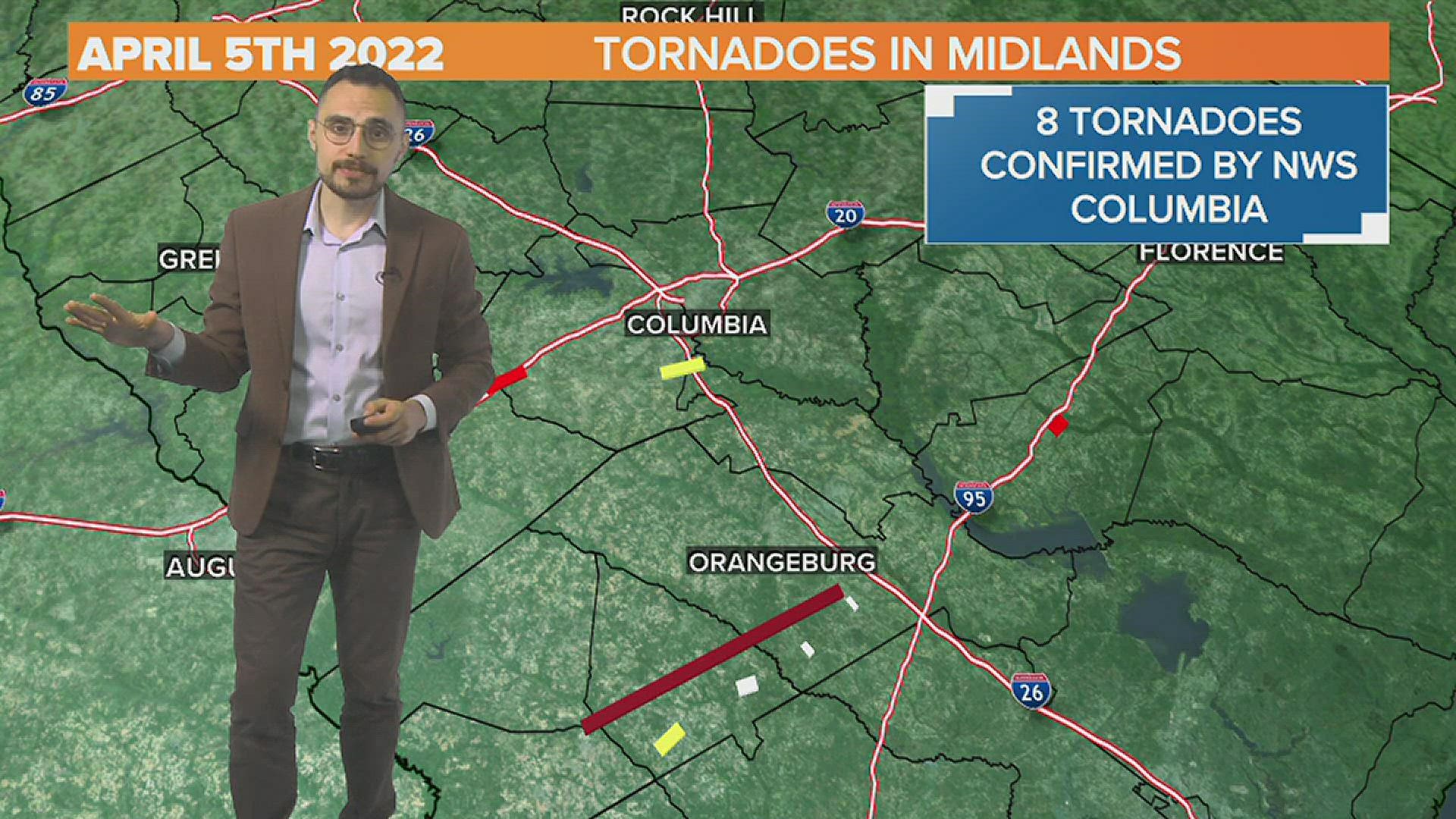 The National Weather Service confirms 8 tornadoes touched down in the South Carolina Midlands on April 5, 2022. The strongest was an EF-3 with 160 mph winds.