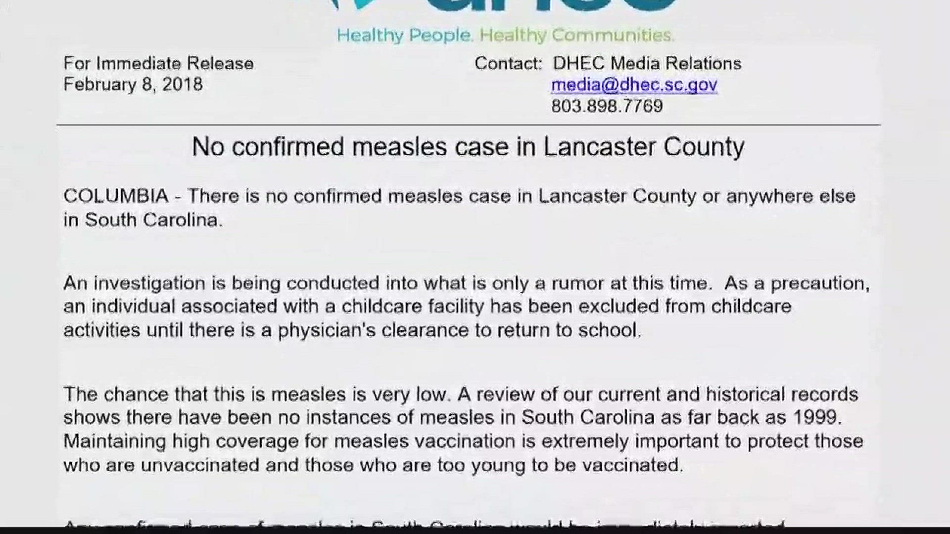 News19 is working to verify a rumor about a measles case in South Carolina.