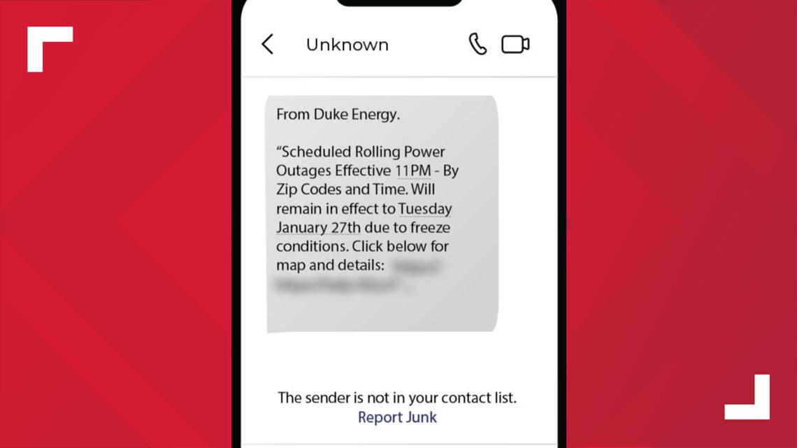 Fake Duke Energy outage texts spreading during winter weather, state warns