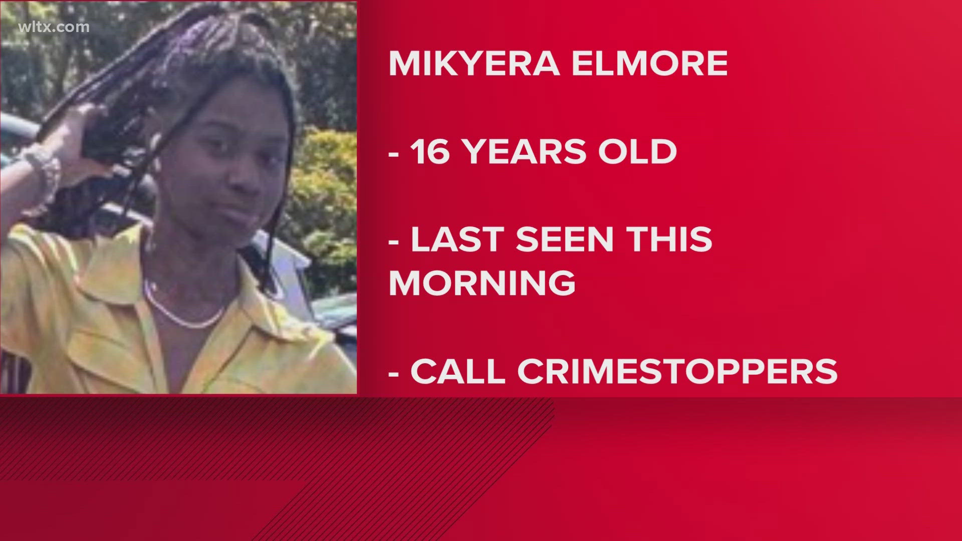 Mikyera Elmore, 16, was last seen this morning leaving for school.  She sent a text message that she was in Florence with family members but no one has seen her.