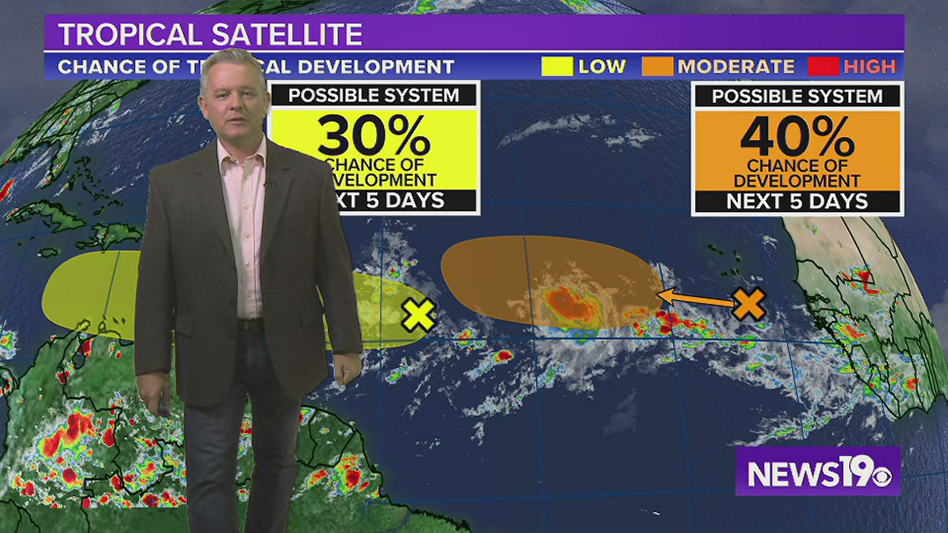 Scattered storms are expected Saturday and there are two areas in the tropics being monitored.