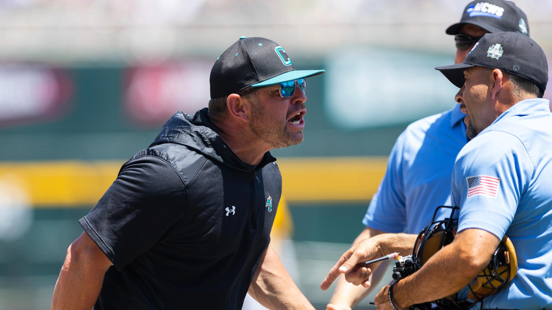 After his team's loss in Game 2 of the College World Series finals, CCU head baseball coach Kevin Schnall reacts to his early exit from that contest.