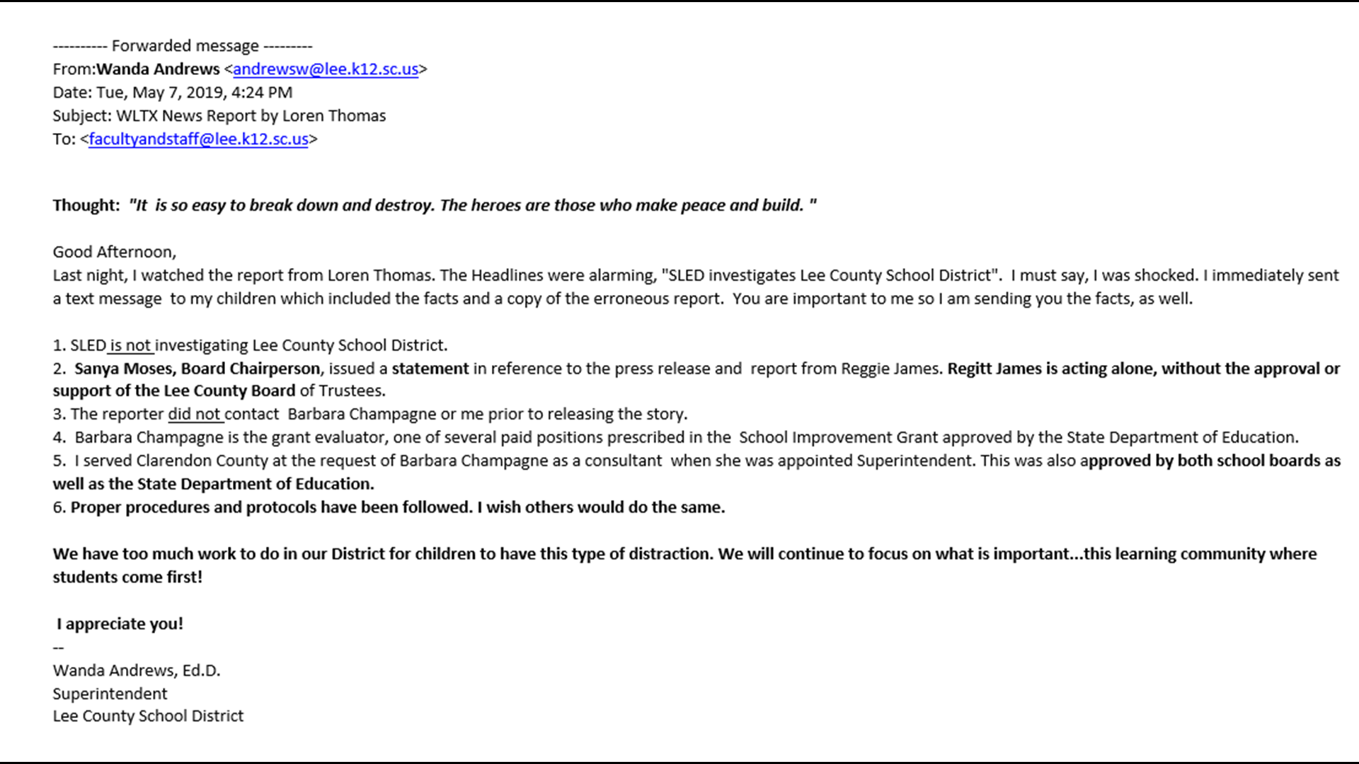 Verify SLED Is Investigating Lee County School District Wltx
