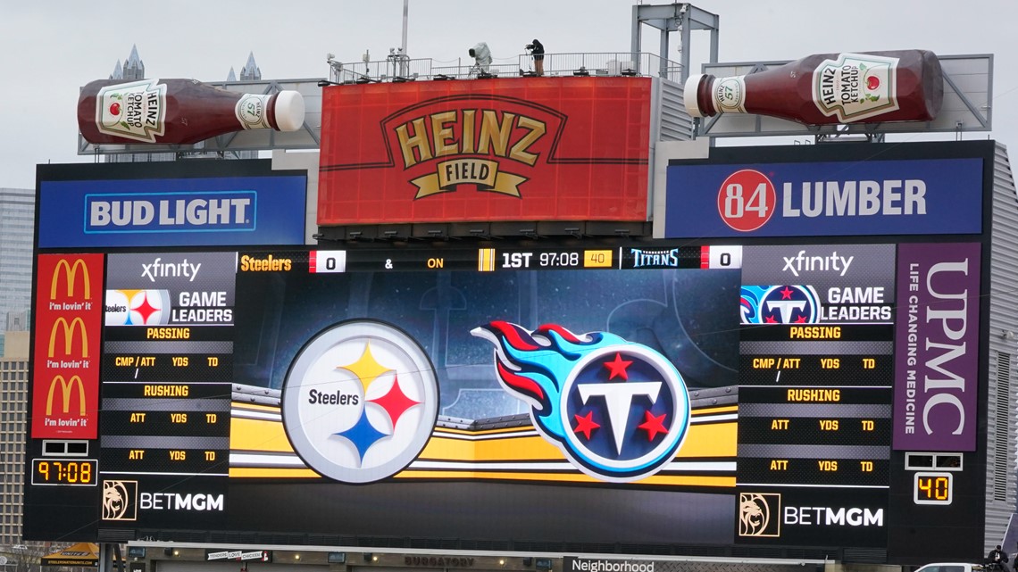 This is the scoreboard at Heinz Field before an NFL football game