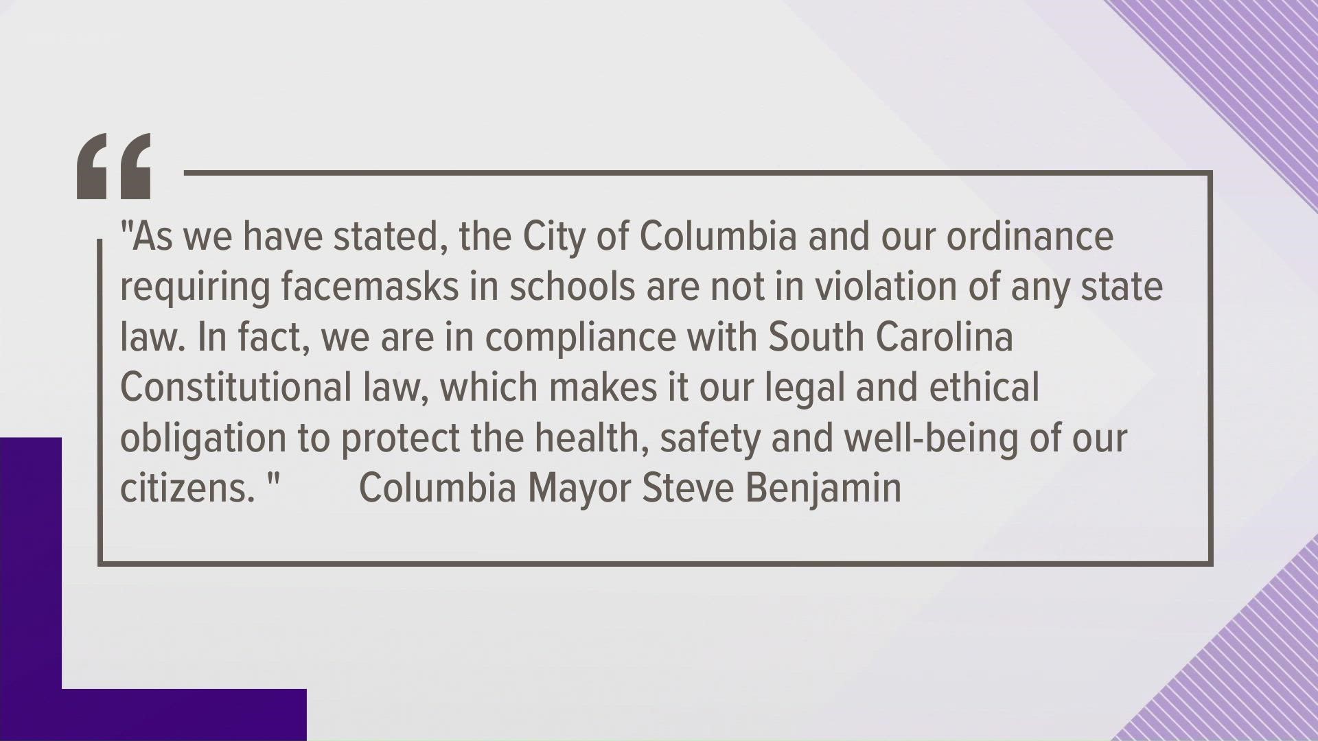 Columbia mayor Benjamin responds to passed the mask mandate for elementary and middle schools earlier this month.