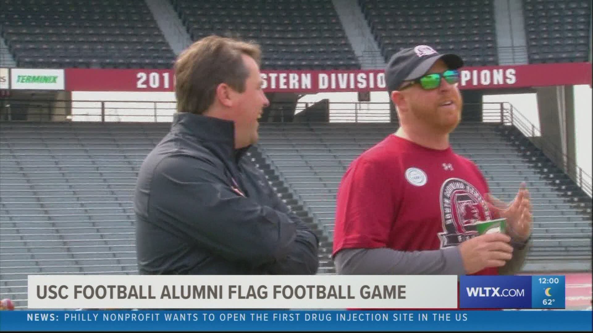 USC football legends return to Williams Brice stadium to compete one more time in the annual Alumni Flag Football Game which kicks off South Carolina's Spring Game.