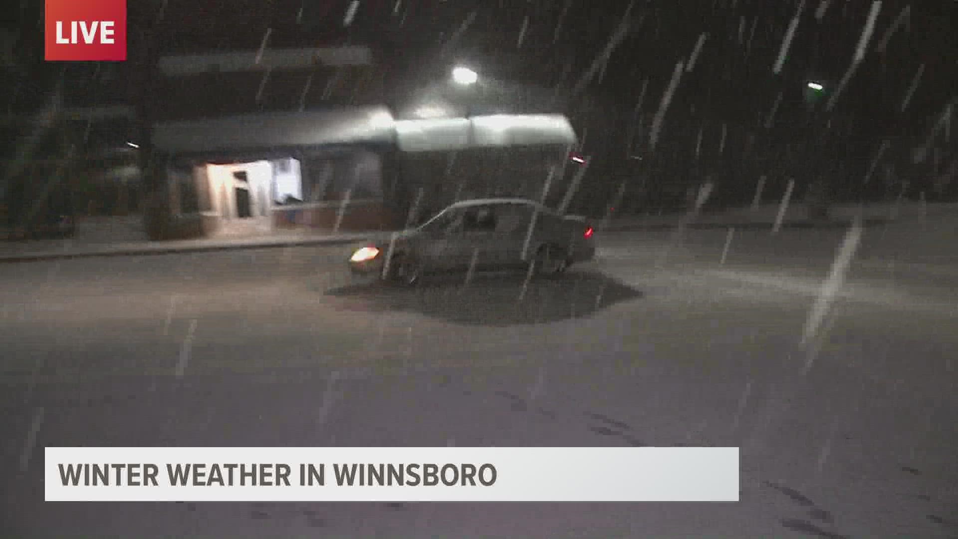 Snow is gathering on the roads in the town of Winnsboro.