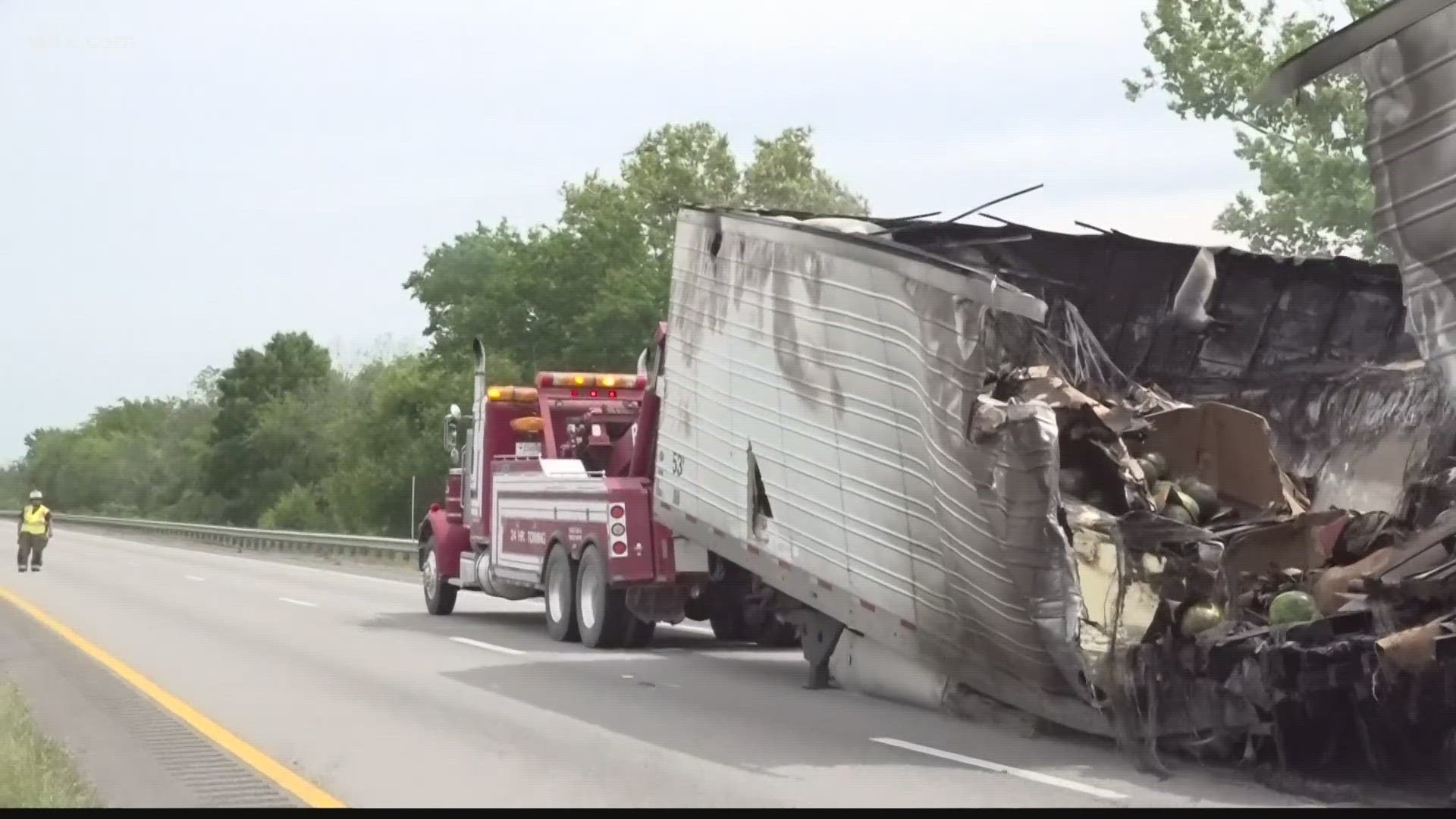 At 7am a tractor trailer carrying watermelons caught fire on I-95 calling for all lanes to be blocked for five miles.