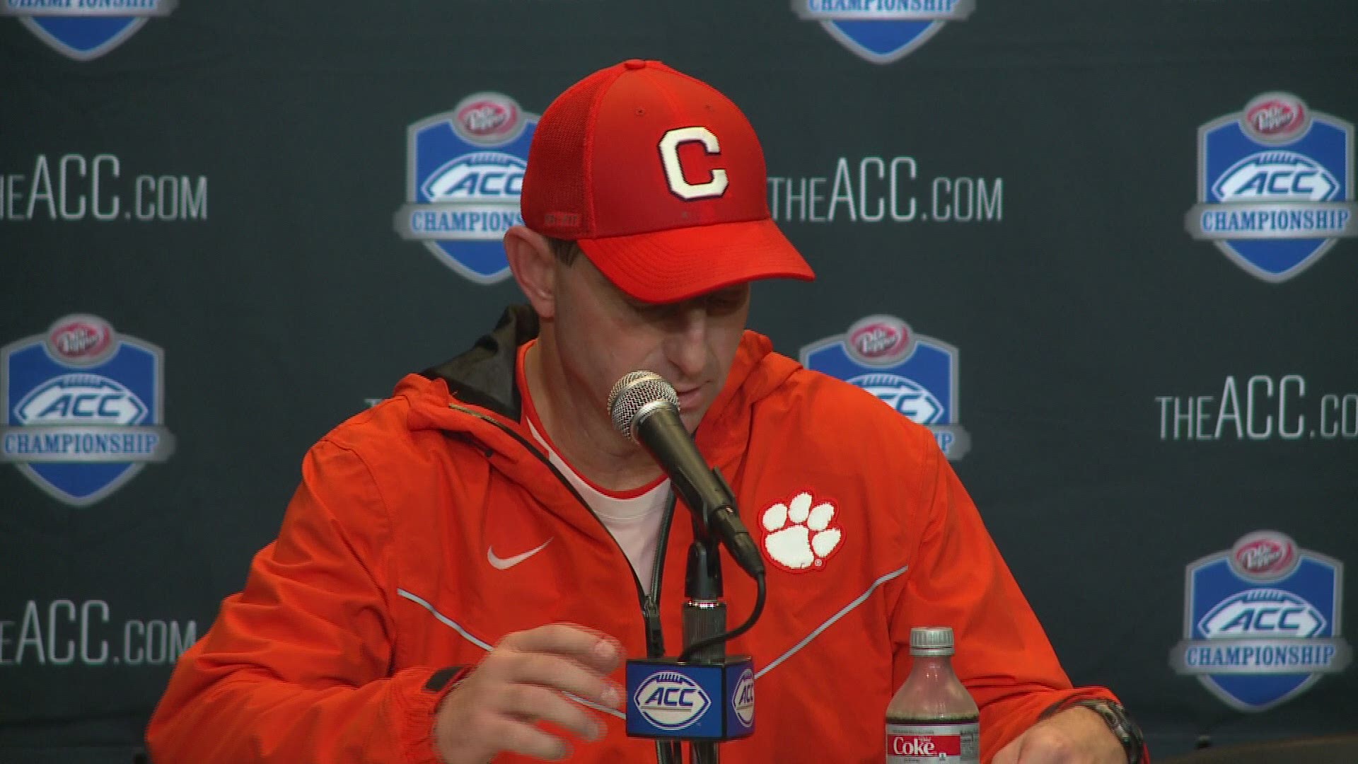 Clemson's Dabo Swinney speaks with the media following Clemson's 42-10 win over Pittsburgh in the ACC Championship Game.