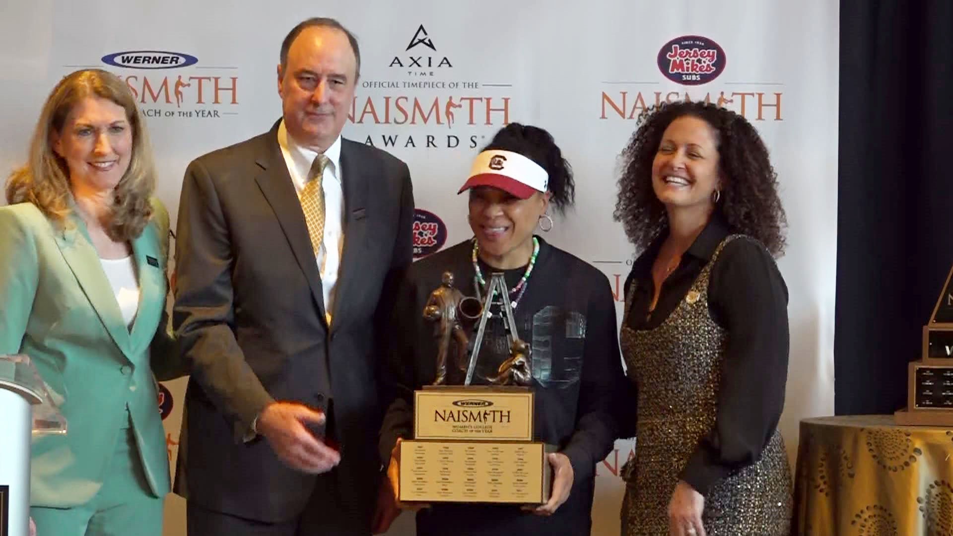 South Carolina Head Coach Dawn Staley has won the Naismith Coach of the Year Award for the third straight year.