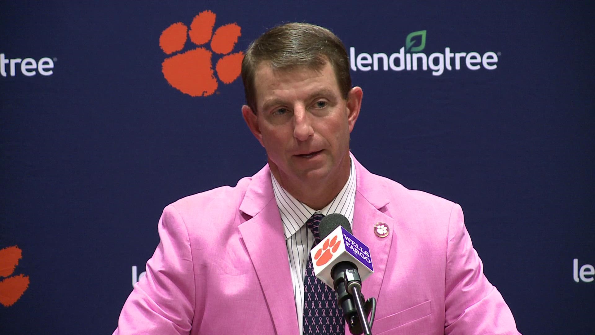 Clemson head coach Dabo Swinney speaks to the media following the Tigers' 30-20 win over Florida State.