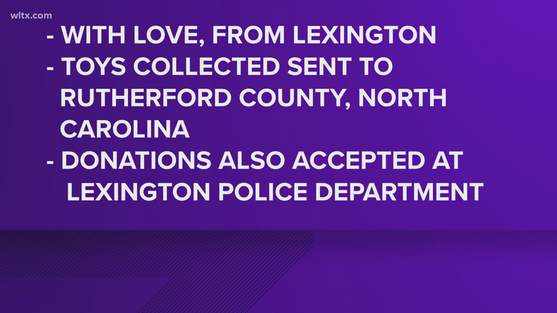 Toys collected will be taken to Rutherford County, NC.  Toy donations will be colled at the police department all this week.