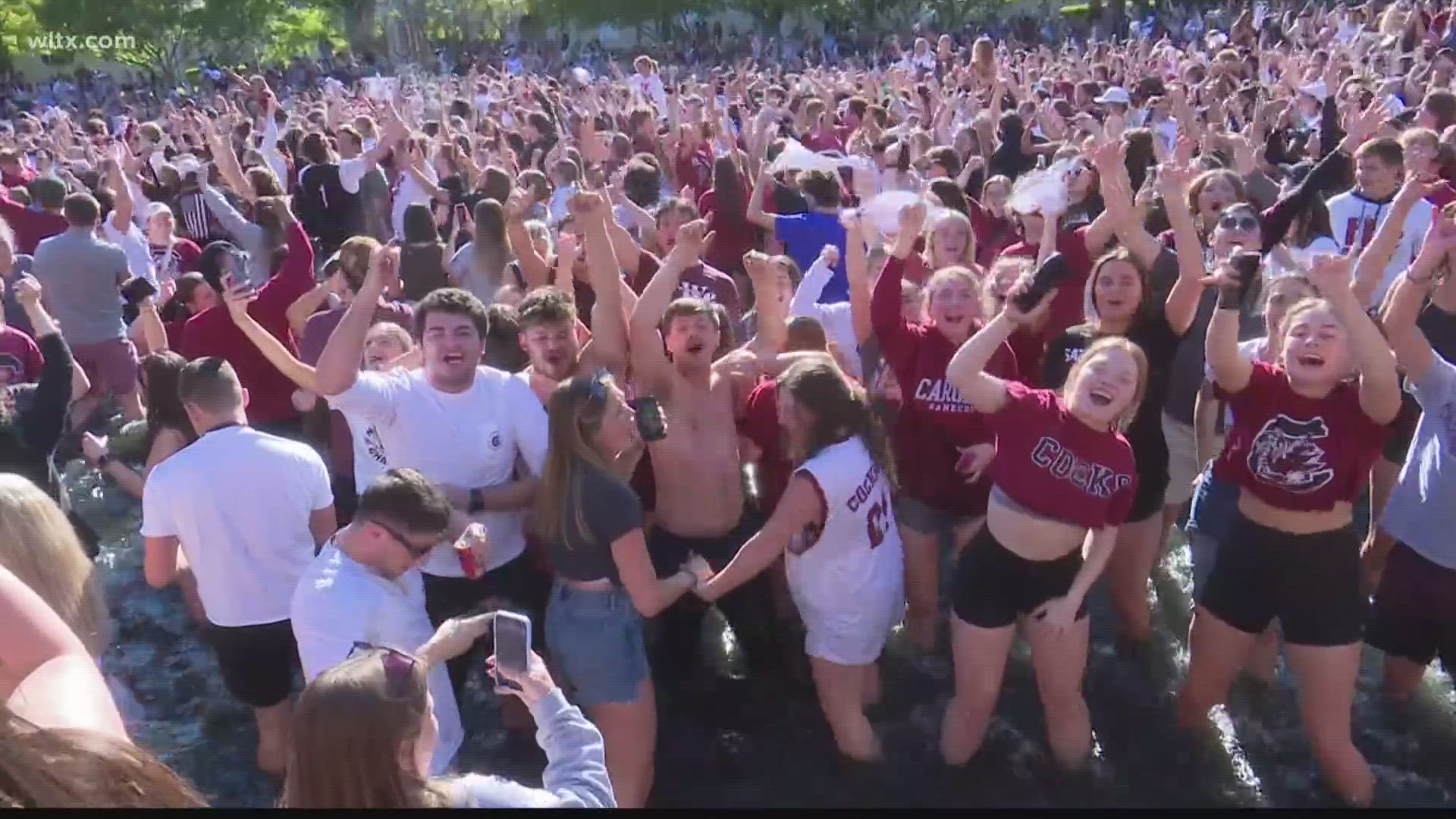 University of South Carolina students took at dip in the fountain at the Thomas Cooper Library to celebrate the Gamecocks' national title.