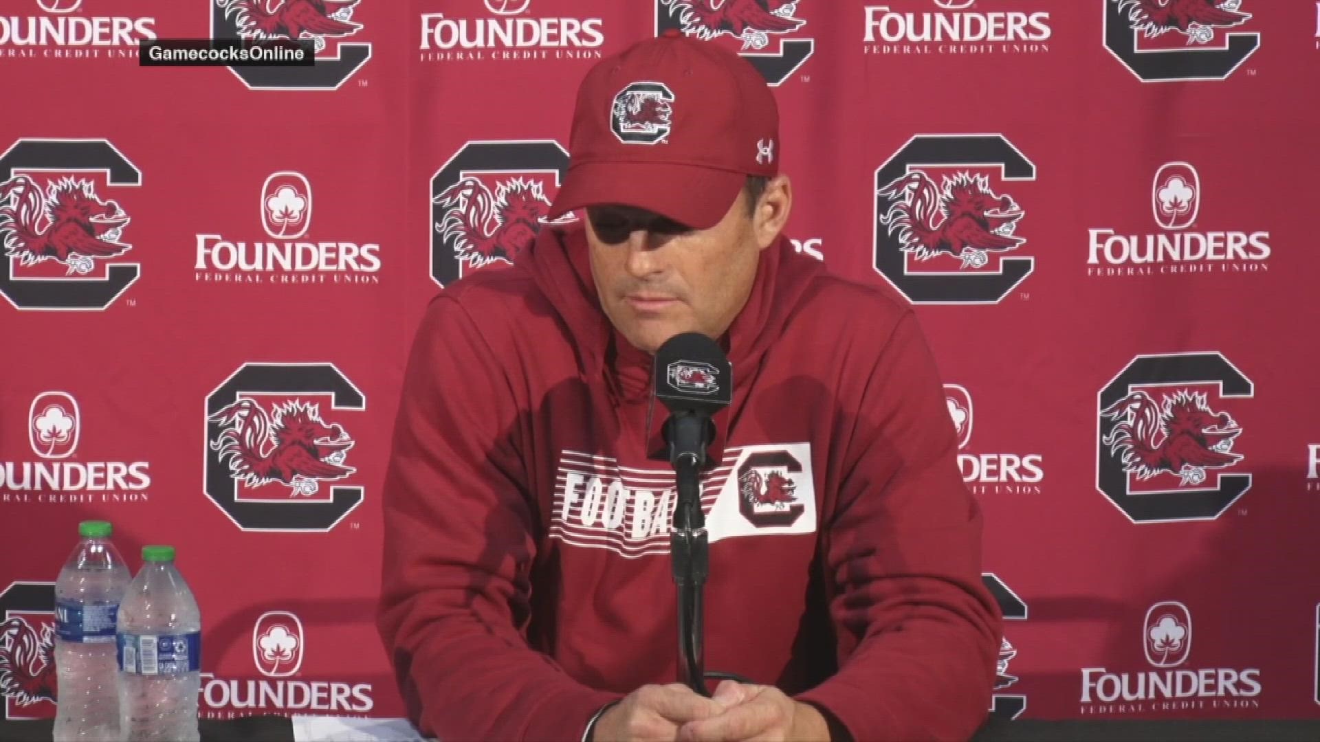 South Carolina head football coach Shane Beamer and S.C. State head coach Buddy Pough speak after the Gamecocks' 50-10 win over the Bulldogs.