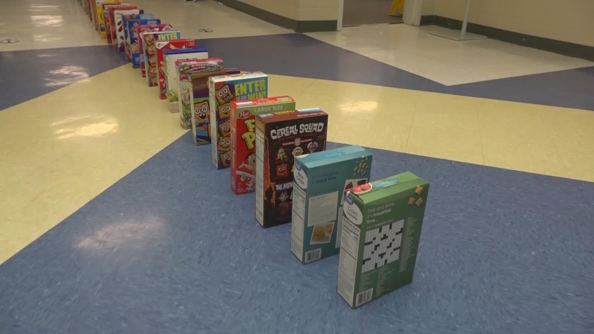 This domino train of cereal boxes at Lake Murray Elementary School in Chapin, South Carolina celebrates the school's second collection for summer feeding programs.